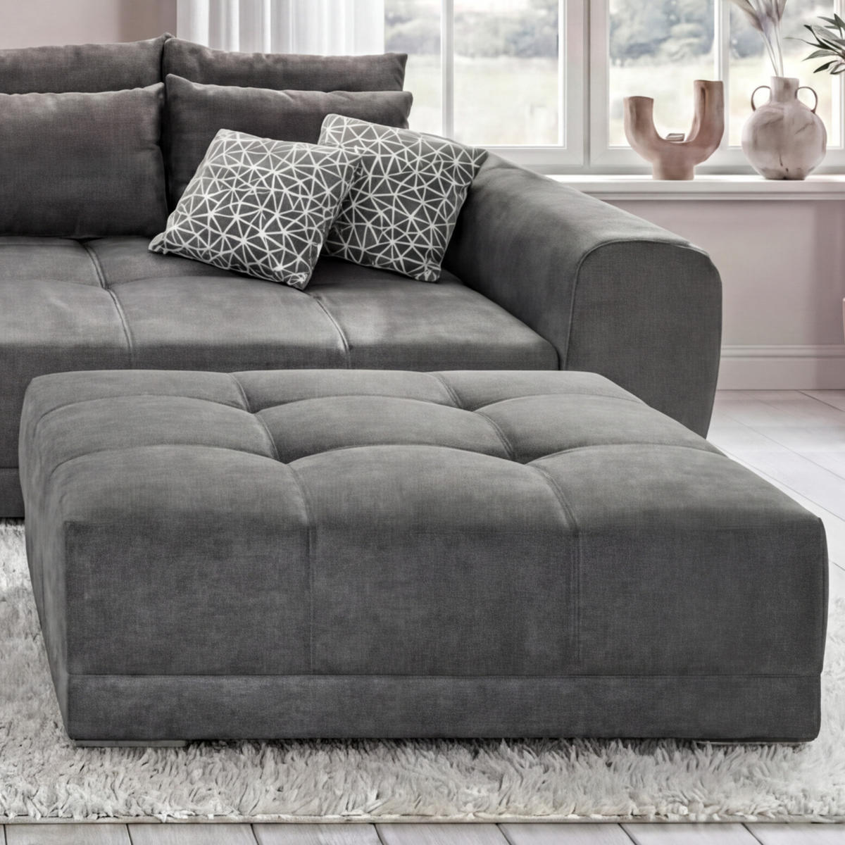 POLSTERHOCKER XXL Federkern B120/T120/H39 cm (passend zum BIG-SOFA) Mikrofaser Grau / 15139 - Chromfarben/Dunkelgrau, Textil/Metall (120/39/120cm) - luma-home