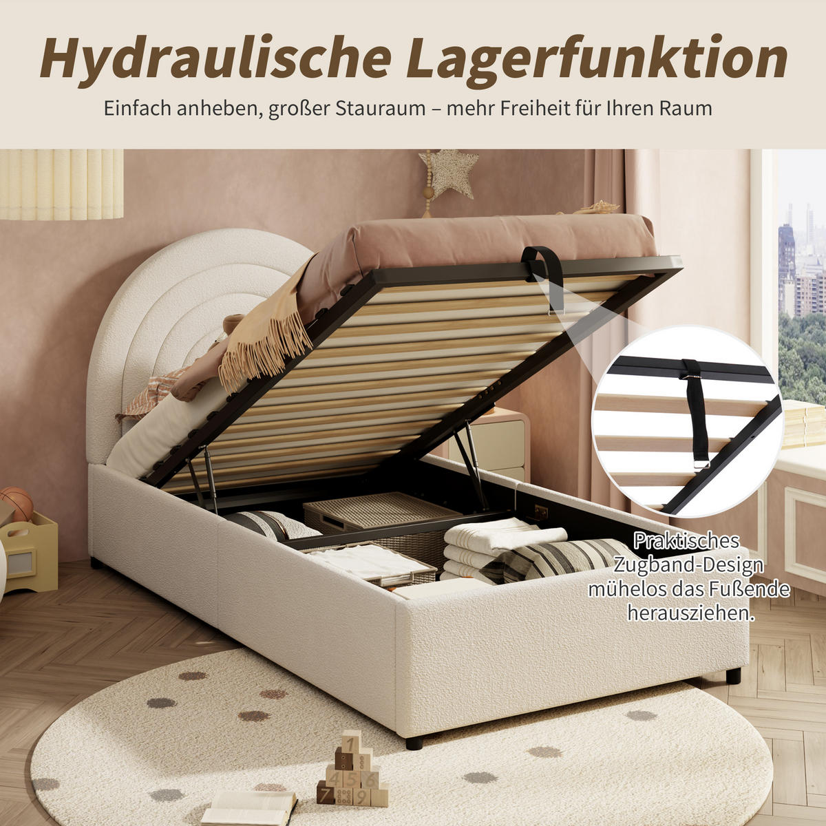 POLSTERBETT 90x200 Bouclé Lattenrost Kopfteil Beige - Beige, Holzwerkstoff - FLIEKS