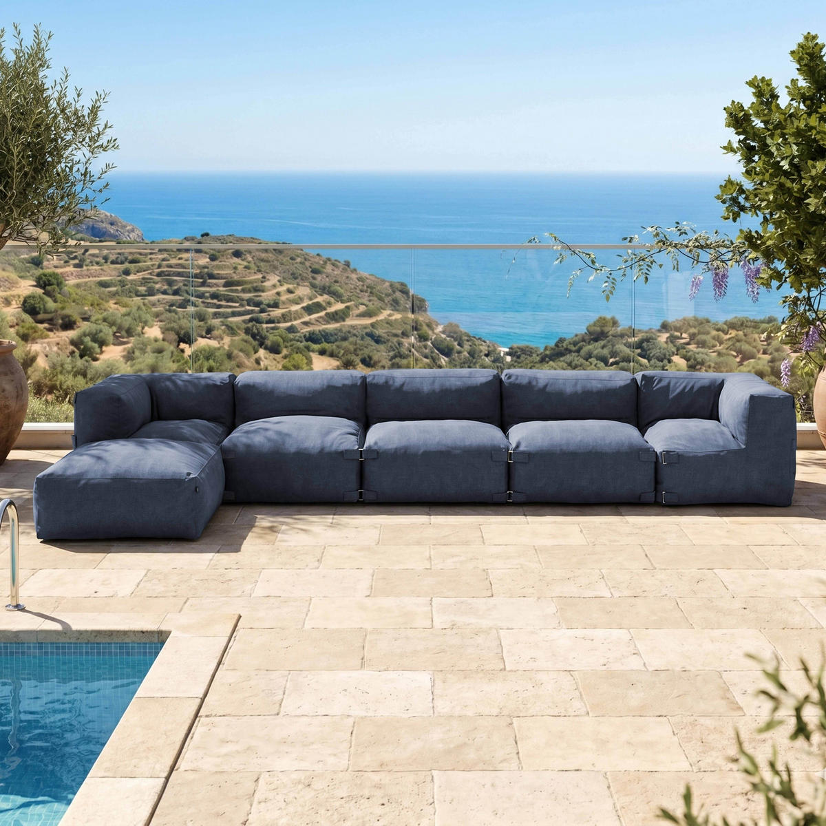 GARTENSOFA mit 6 Sitzplätzen, Pazifikblau - Blau, Textil - Oviala