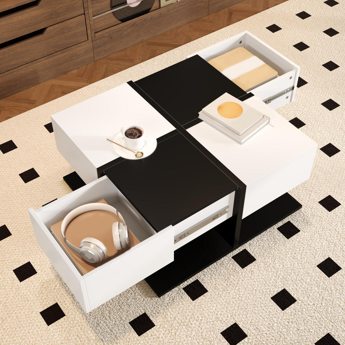 COUCHTISCH in Schwarz und Weiß mit Schubladen für Wohnzimmer, B70/T70/H35.5 cm - Schwarz/Weiß, Holzwerkstoff/Metall (69.7/69.7/35.3cm) - STILVORA