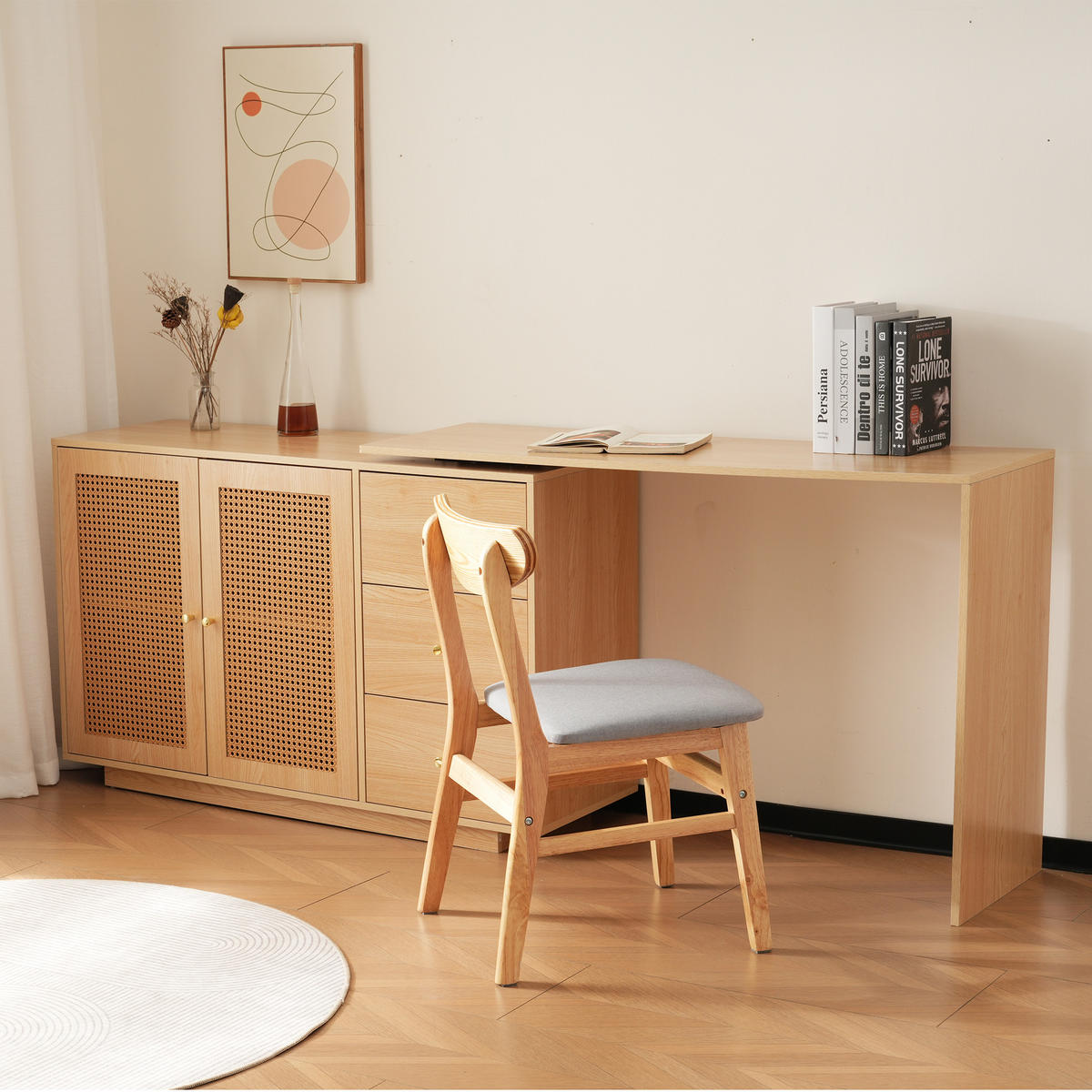 SCHREIBTISCH in Naturfarben L-förmig Eck-Computertisch mit Rattantüren Frisiertisch Büro Homeoffice B126/T40/H75cm - Naturfarben, Holzwerkstoff (40/126/75cm) - STILVORA