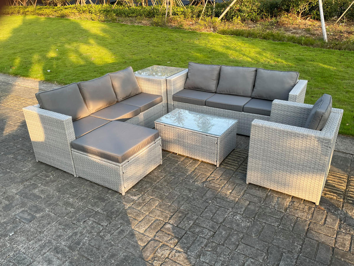 GARTENMÖBEL SET mit Couchtisch Polyrattan Helles Grau 8-Sitzer - Hellgrau, Metall - Fimous