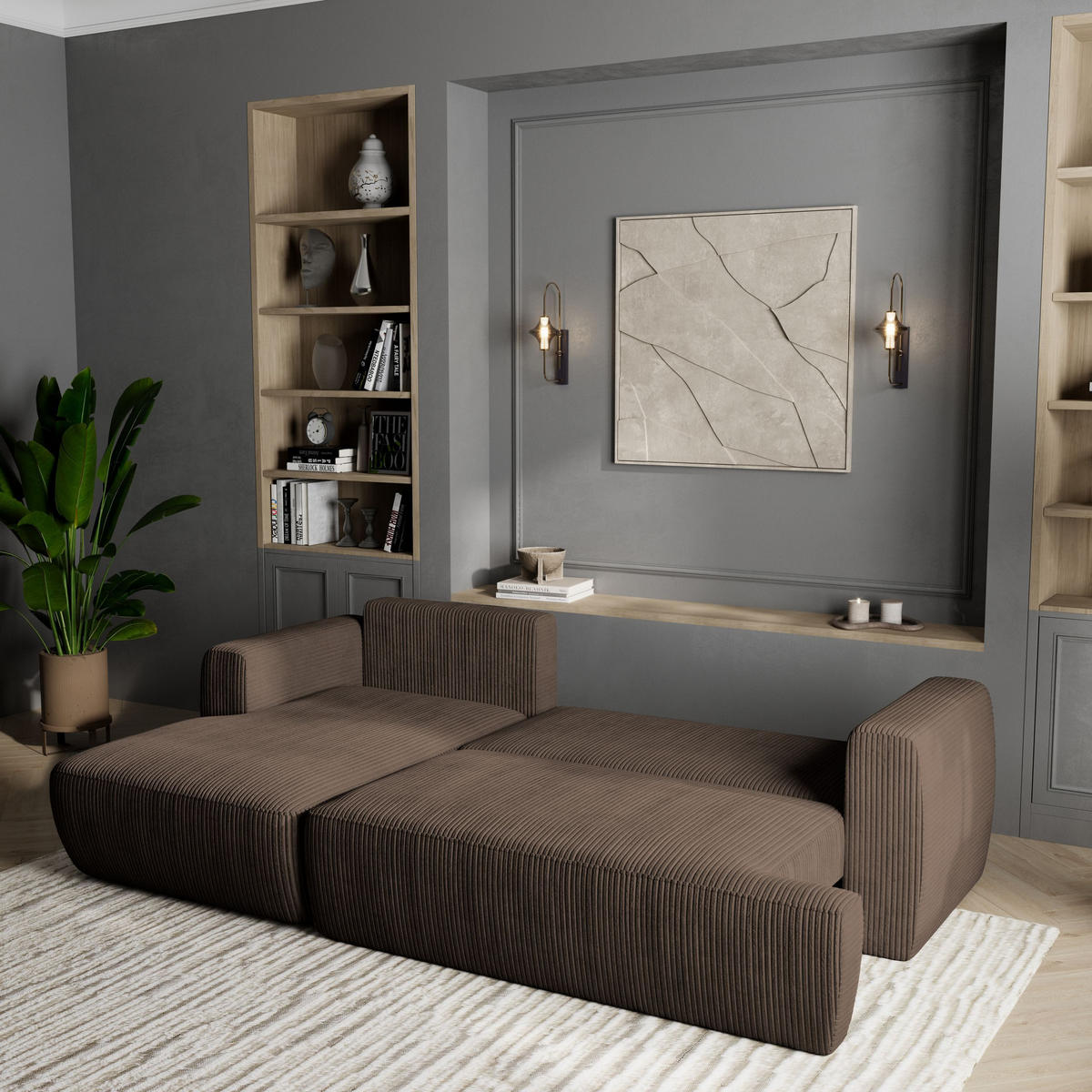 ECKSOFA SENTI P L-S Braun Kordstoff mit Schlaffunktion - Braun, Holz (246/148cm) - MASSENO