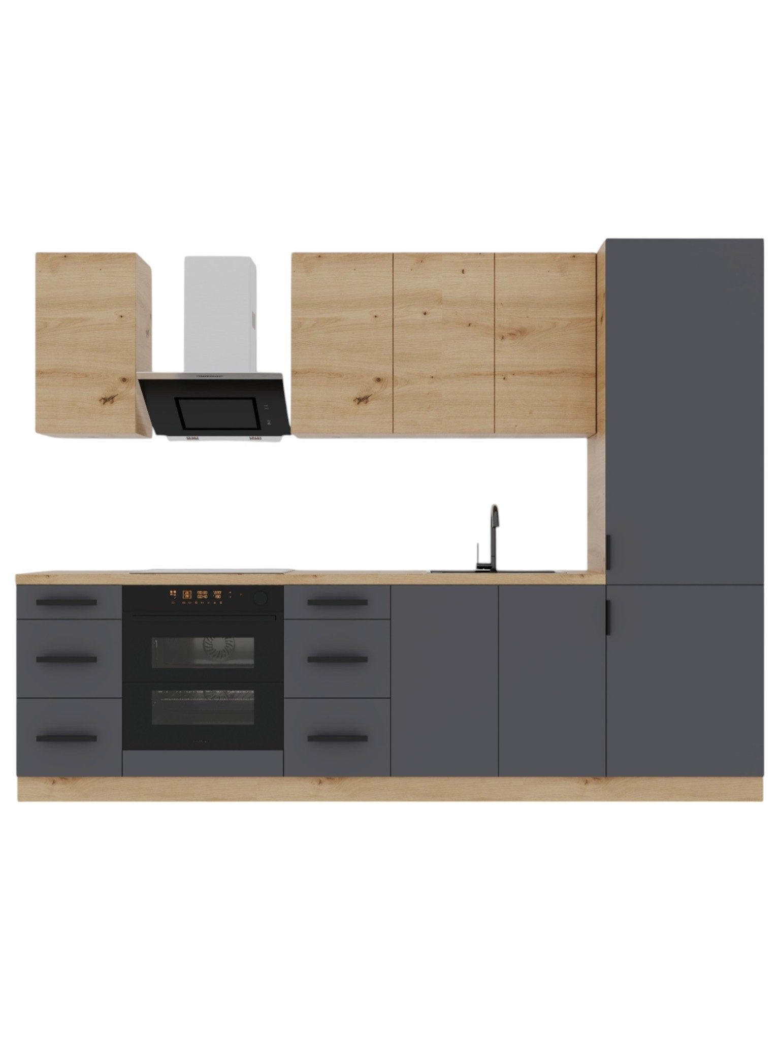 KÜCHENZEILE 280 cm – Nexa K98-G280 – in Grau & Woodline / Matt - Schwarz/Eiche Artisan, Holz/Metall (280/212/58cm) - ROYAL24_MARKT