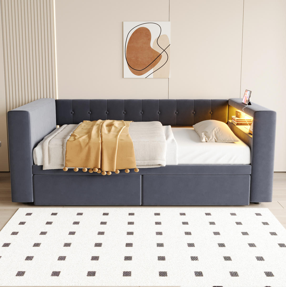 POLSTERBETT 90/190 cm mit LED-Beleuchtung, Steckdose, Stauraum und 2 Schubladen, Dunkelgrau - Dunkelgrau, Textil (90/190cm) - Redom