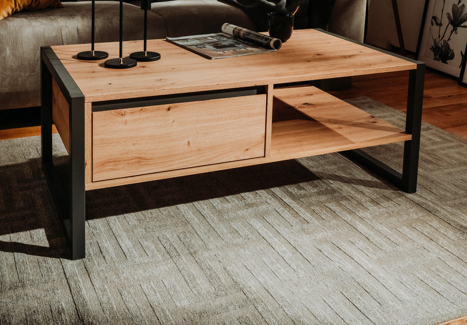 COUCHTISCH Artisan Eiche, anthrazit 100 x 55 cm, Wohnzimmertisch mit Schublade - Anthrazit/Eiche Artisan, Holzwerkstoff (55/100/40cm) - Furn.Design