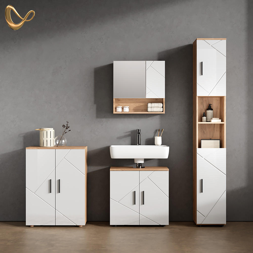 BADMÖBEL-SET Ronco Weiß Hochglanz/Goldkraft Eiche 4 Teile, mit Hochschrank und Kommode - Honigeiche/Weiß Hochglanz, Holzwerkstoff (60/59/30cm) - Livinity®