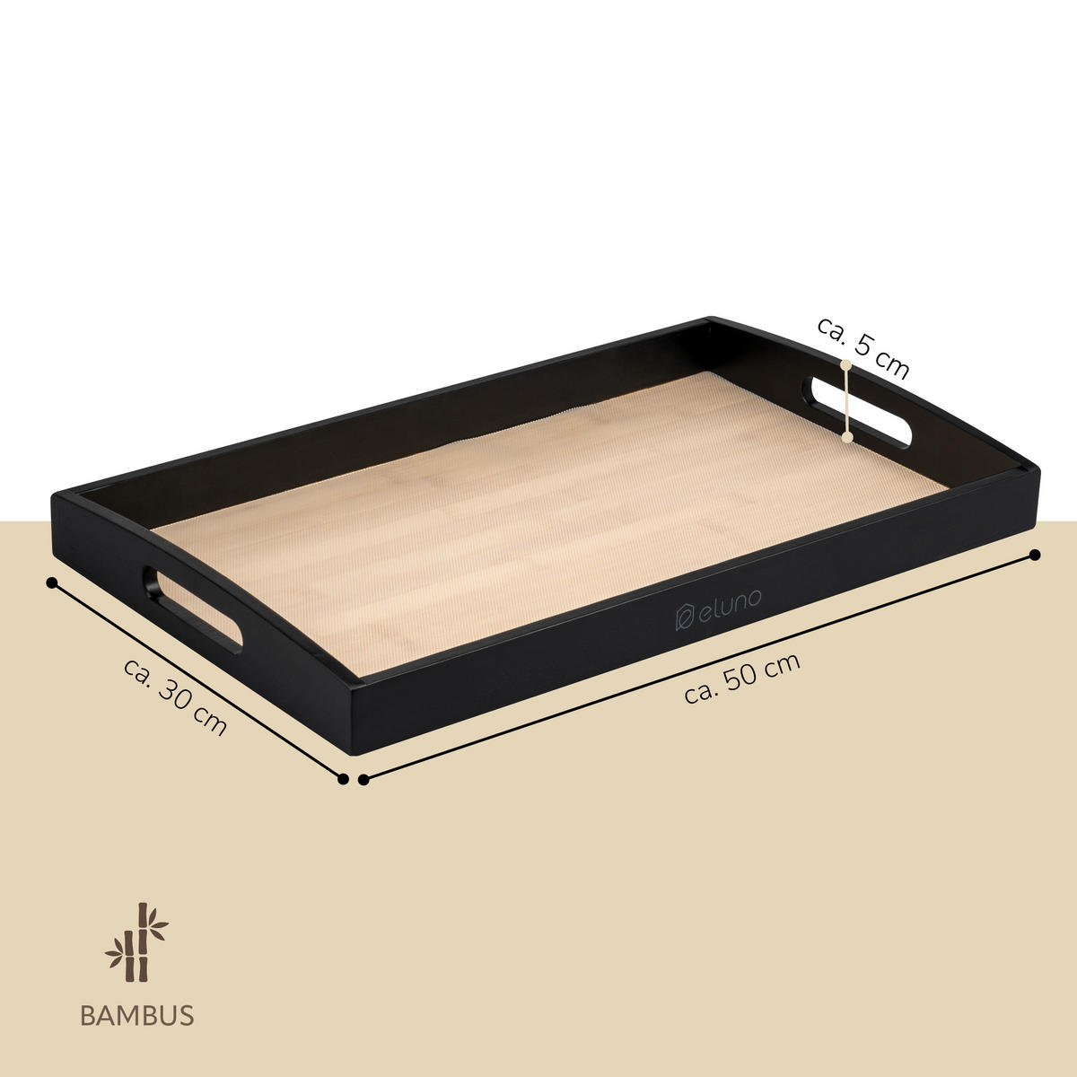 SERVIERTABLETT mit Griffmulden - Schwarz, Naturmaterialien (50/5/30cm) - eluno