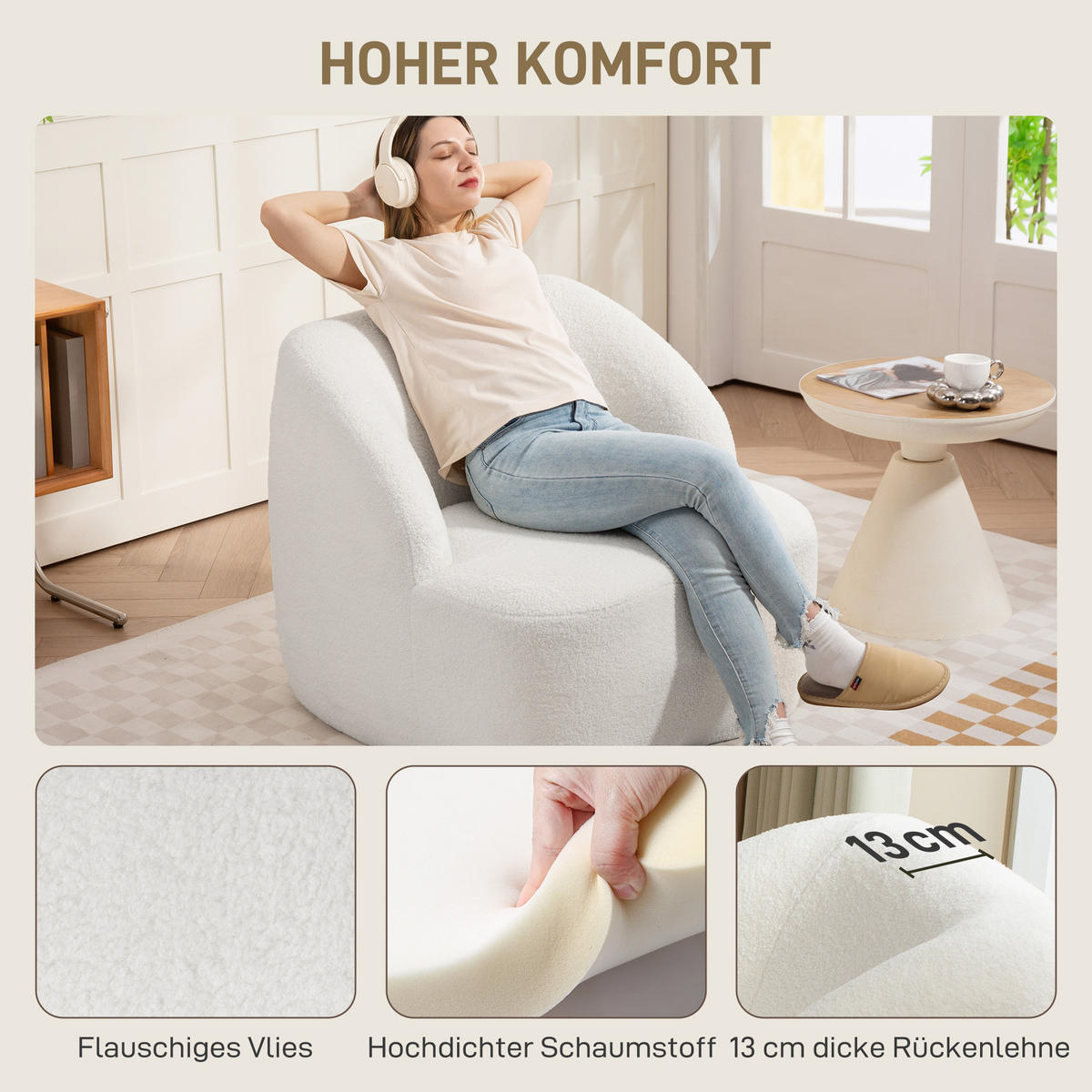 SESSEL mit Armlehnen 82L x 81B x 73,5H cm Cremeweiß - Weiß, Kunststoff (81/73.5/82cm) - HOMCOM