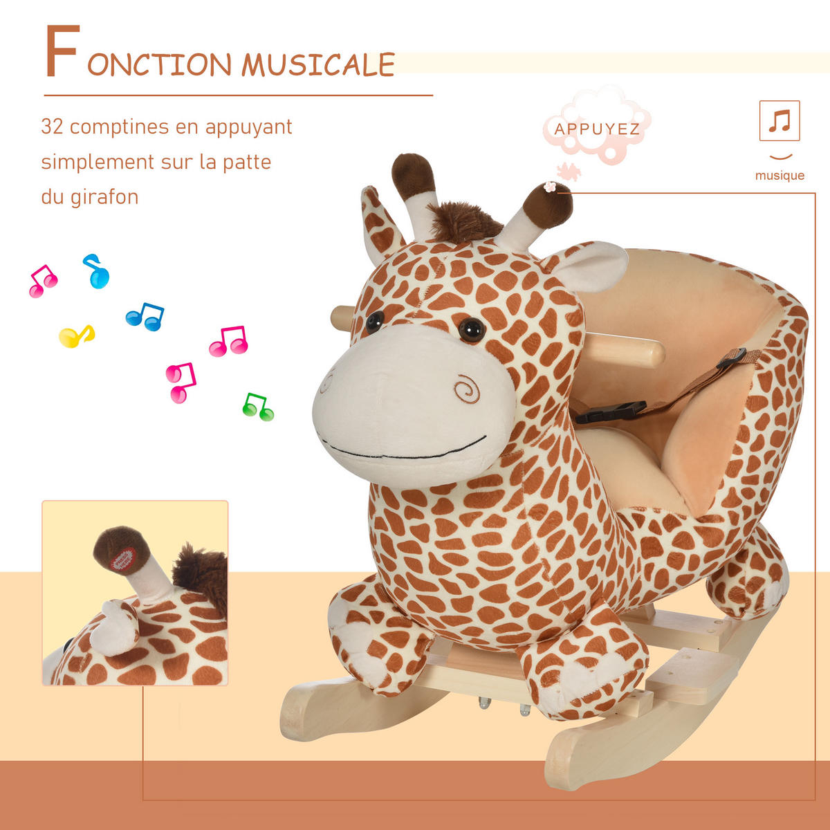 SCHAUKELPFERD DE-18226 Giraffe, Musikfunktion, Sicherheitsgurt Braun-Beige - Braun, Holz (33/45/60cm) - ComfortXL