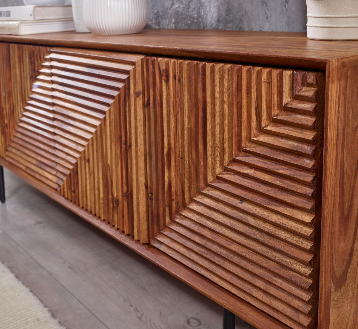 LOWBOARD Massivholz Modern Stil Modell Spectrum mit 3D-Oberfläche und Edelstahl-Gestell - Schwarz/Braun, Holz/Metall (140/54/33cm) - KADIMA DESIGN