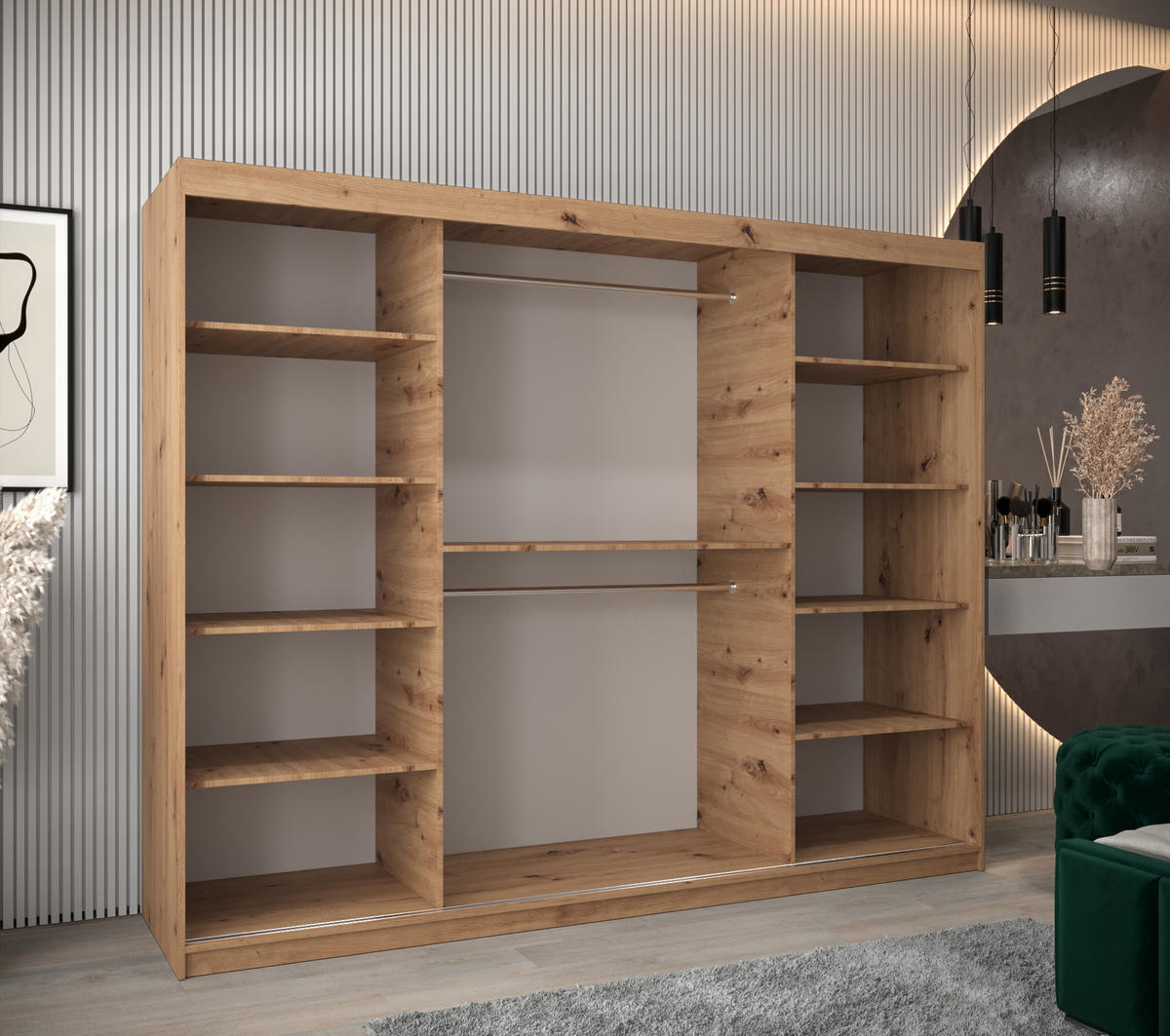 SCHWEBETÜRENSCHRANK 200/250/62 3-türig - Silberfarben/Weiß, Holz/Kunststoff (250/200/62cm) - Abiks Möbel