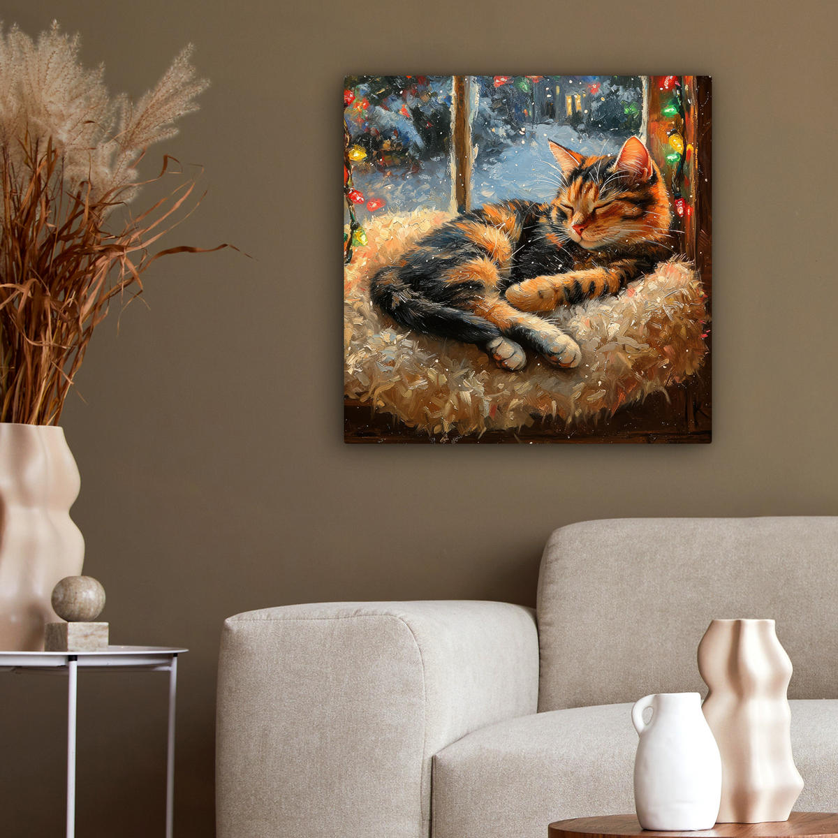 LEINWANDBILD Katze - Weihnachten - Winter - Tier 50x50 cm - Bernsteinfarben, Textil (50/50cm) - MuchoWow