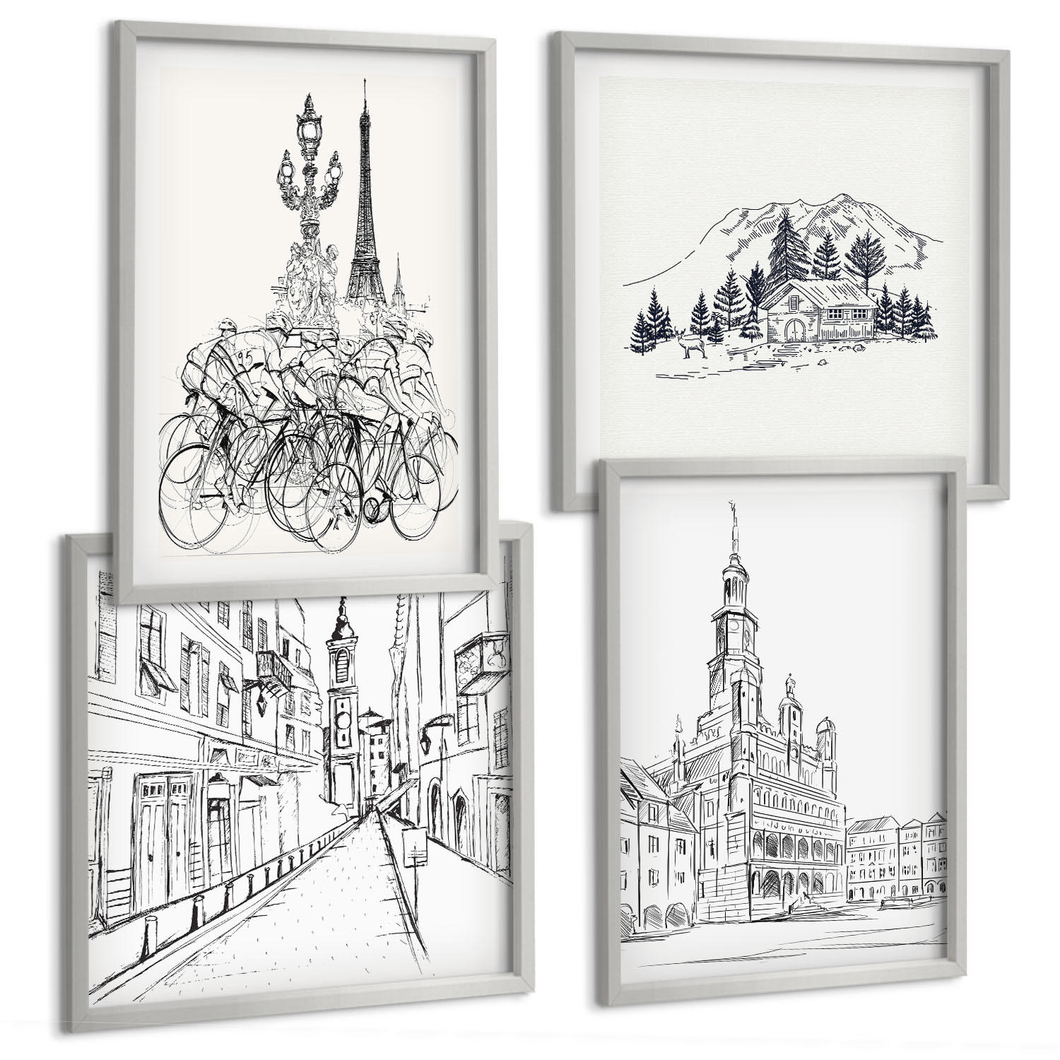BILDER SET 4er Set - 50x50 cm & 40x60 cm Silberner Rahmen - Einfache Zeichnungen von Stadtansichten - Silberfarben, Kunststoff (50/50cm) - TULUP