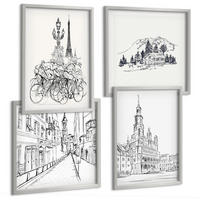 BILDER SET 4er Set - 50x50 cm & 40x60 cm Silberner Rahmen - Einfache Zeichnungen von Stadtansichten - Silberfarben, Kunststoff (50/50cm) - TULUP