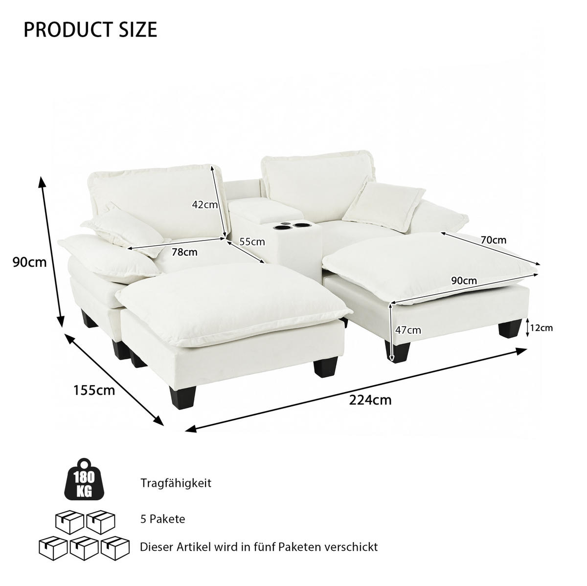 ECKSOFA 224/151/90 cm Beige aus Chenille mit USB und Stauraum - Beige, Textil (151/224cm) - OKWISH