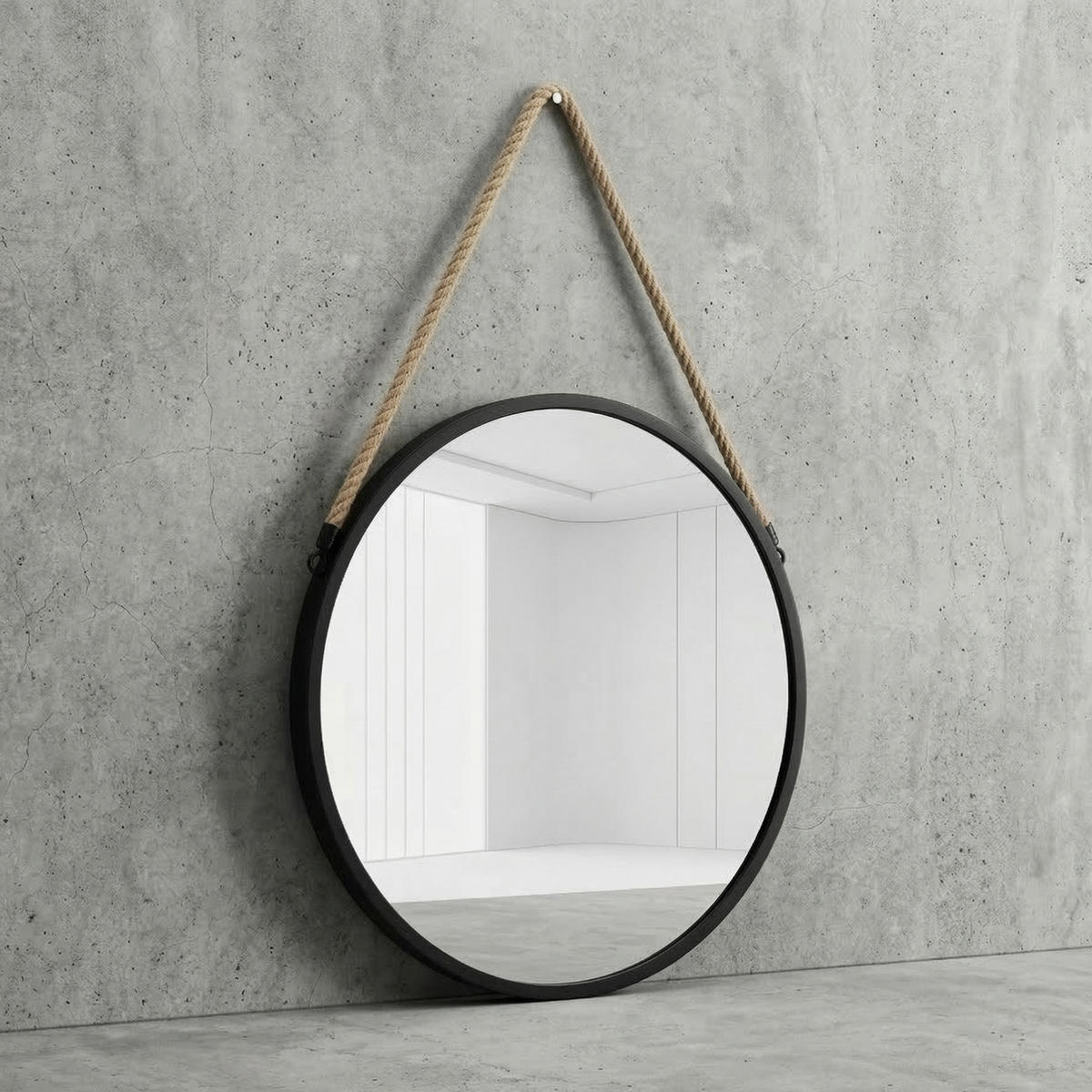 RUNDSPIEGEL mit Juteseil Gema - Schwarz, Glas (37/3/70cm) - SCENA LIVING