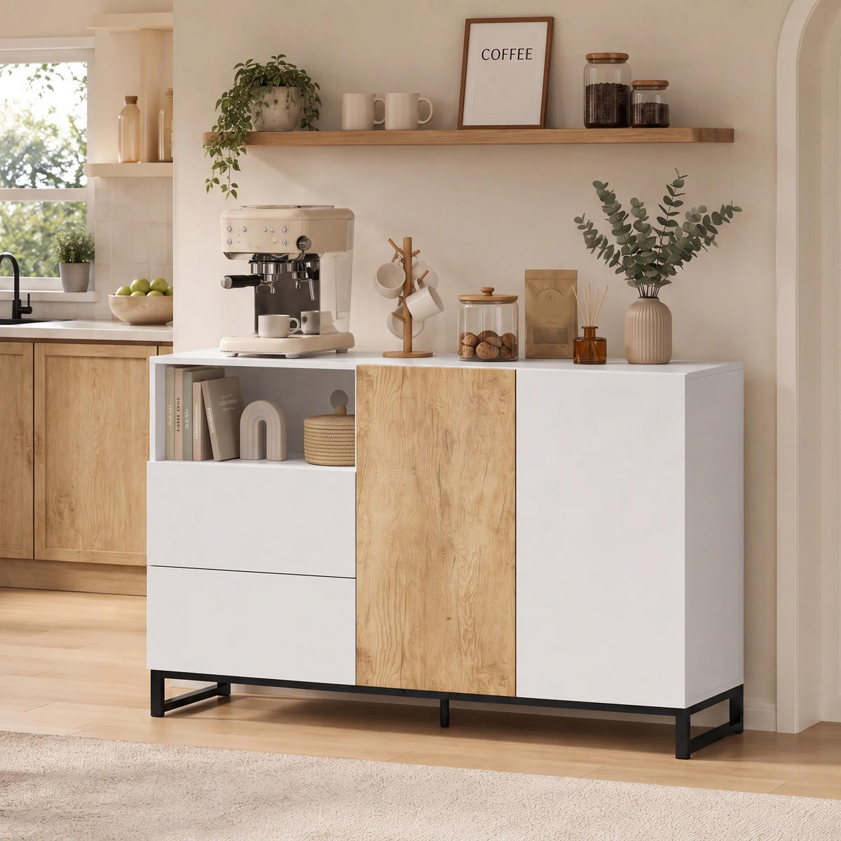 SIDEBOARD Weiß Eichefarben 140/40/85 cm - Ahornfarben/Schwarz, Metall (40/85/140cm) - PANGIVO