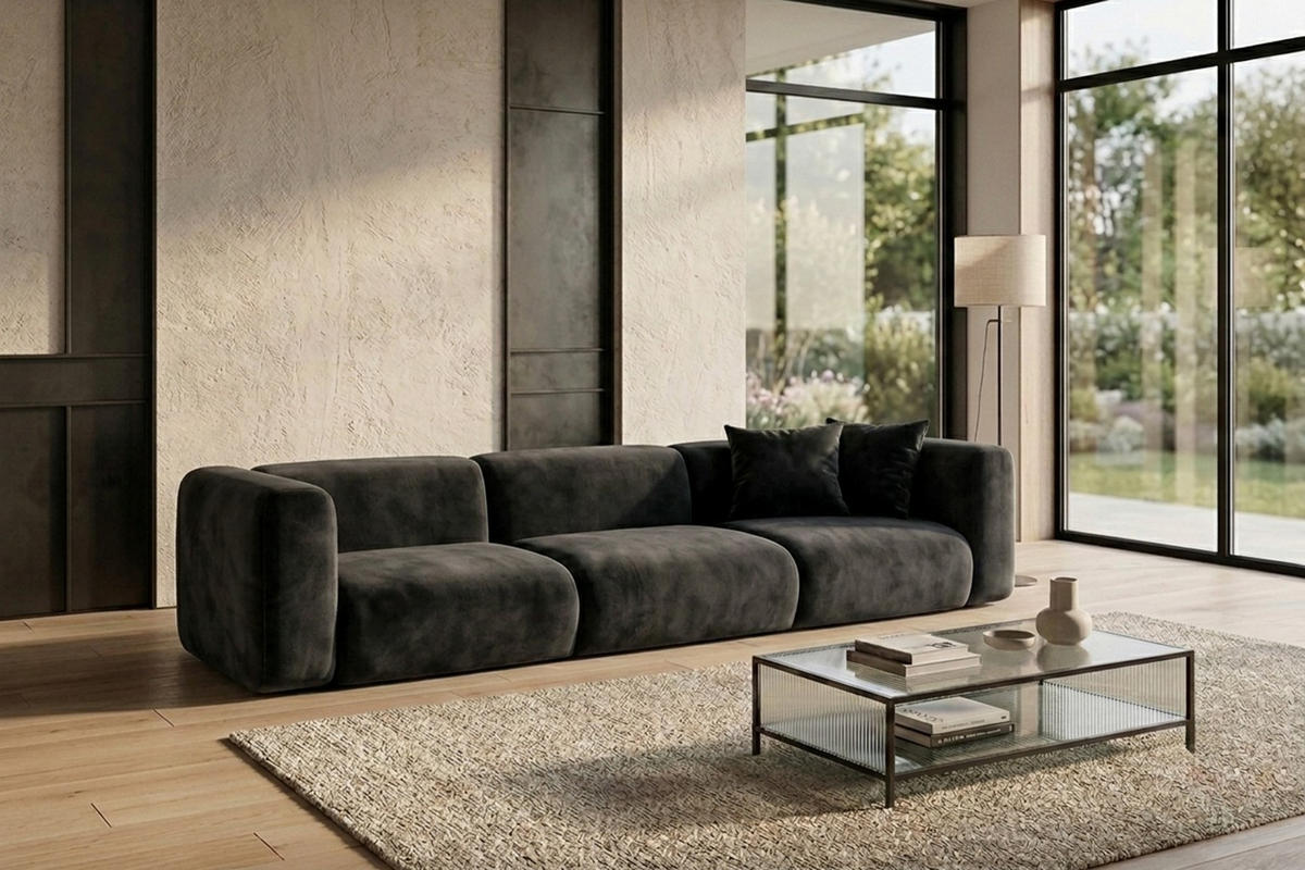 SOFA 3-Sitzer, Velvet-Stoff Bluvel, Schwarz, GRETA - Schwarz, Holz (319/70/89cm) - Kaiser Möbel