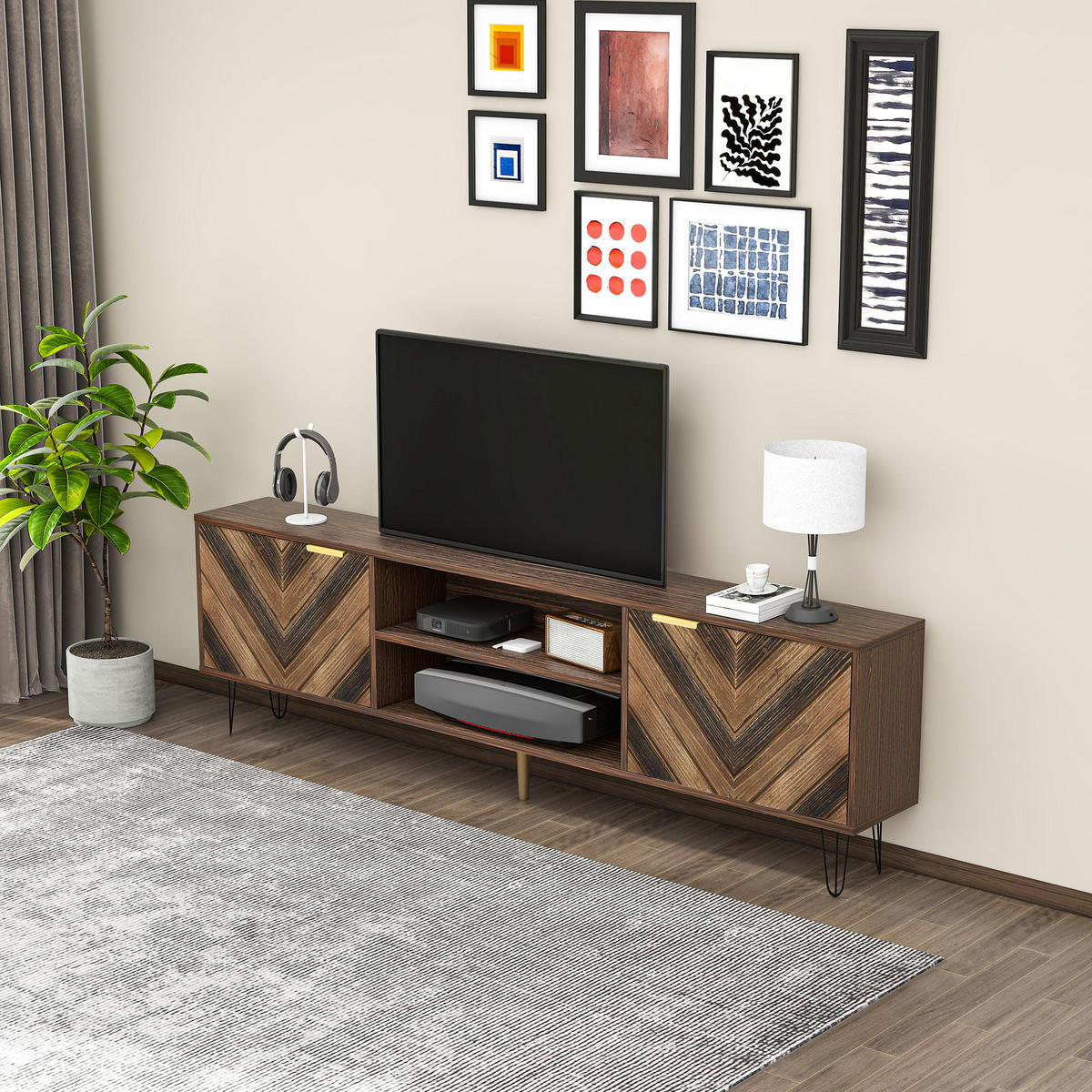 TV-ELEMENT155X38X48CM Massivholzfurnier-Lowboard mit zwei Türen und Goldgriffen - Naturfarben, Holz (45/17/170cm) - Raelunyi