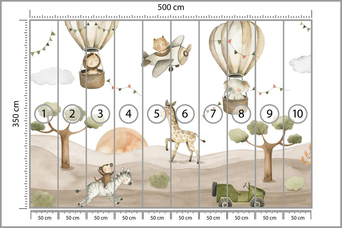 FOTOTAPETE für Kinderzimmer Tiere Ballons Flugzeuge Safari Bäume Hügel 500x350 - Beige/Braun, Papier (500/350cm) - Muralo
