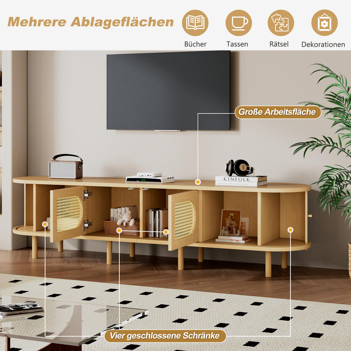 TV-SCHRANK 180/40/40 cm Helles Holz mit Rattan-Design und 4 Türen - Naturfarben, Holzwerkstoff (180/40/40cm) - Oxeza