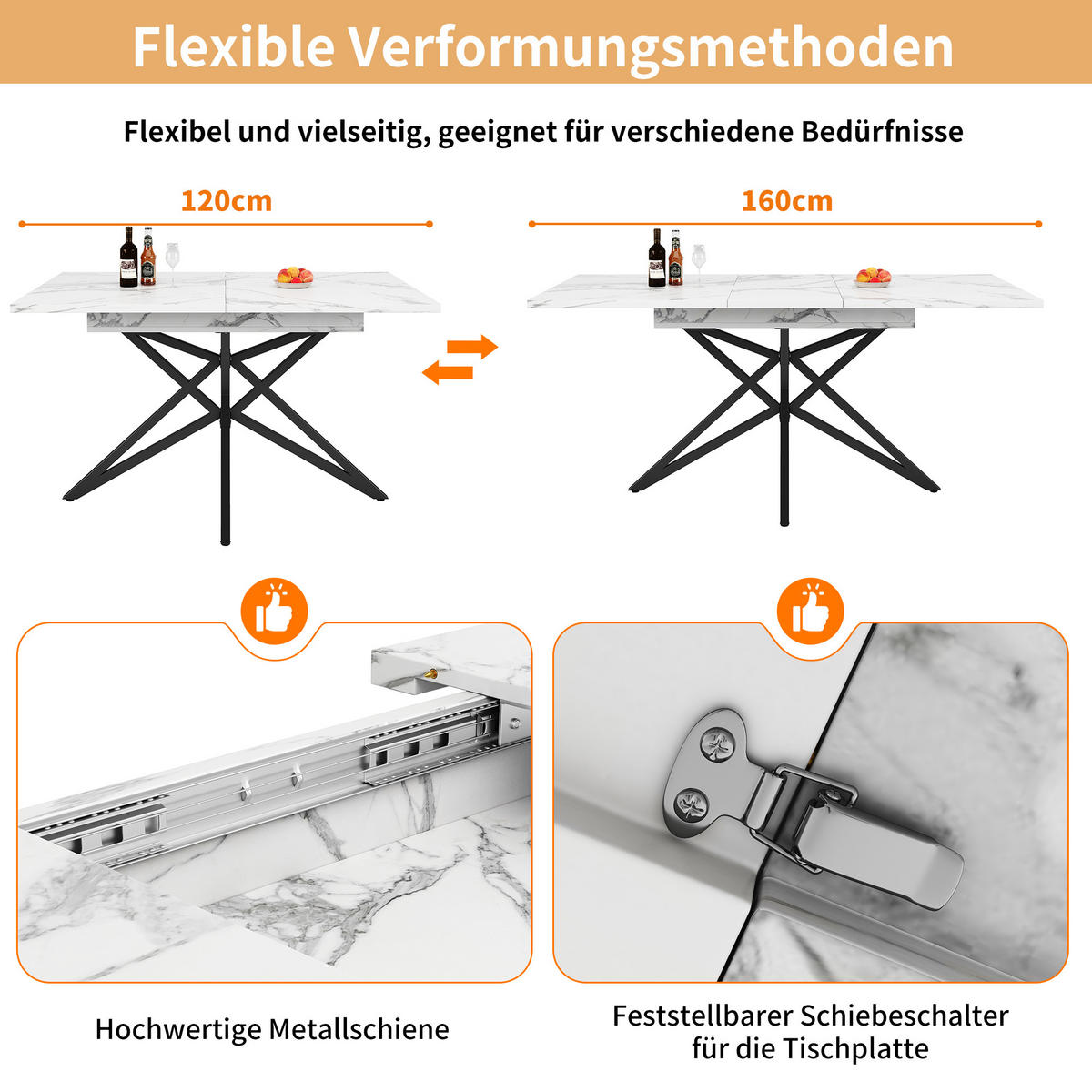 ESSTISCH AUSZIEHBARER Weiß Marmoroptik mit Ausziehfunktion & Sternfuß - Weiß, Holzwerkstoff/Metall (80/120/66.1cm) - Urban Meuble