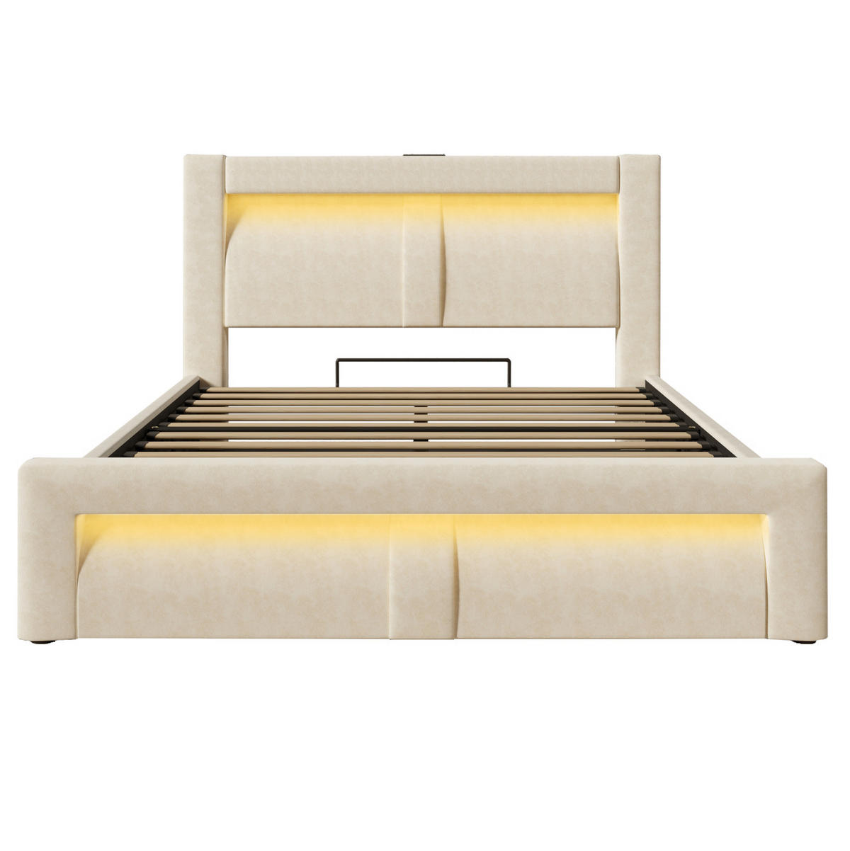POLSTERBETT 160/200 cm Beige aus Samt mit Stauraum, LED-Beleuchtung und Matratze - Beige, Textil (160/200cm) - Flora Grace