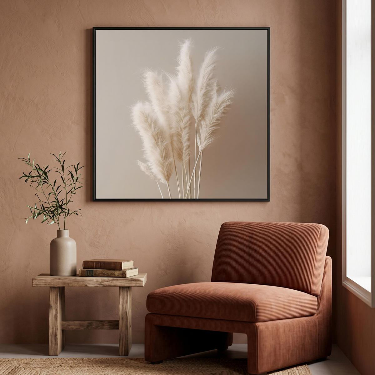 LEINWAND Bilder mit Rahmen - Pampasgras - Federn - Pastell - Weiß - 90x90 - Naturfarben, Textil (90/90cm) - MuchoWow