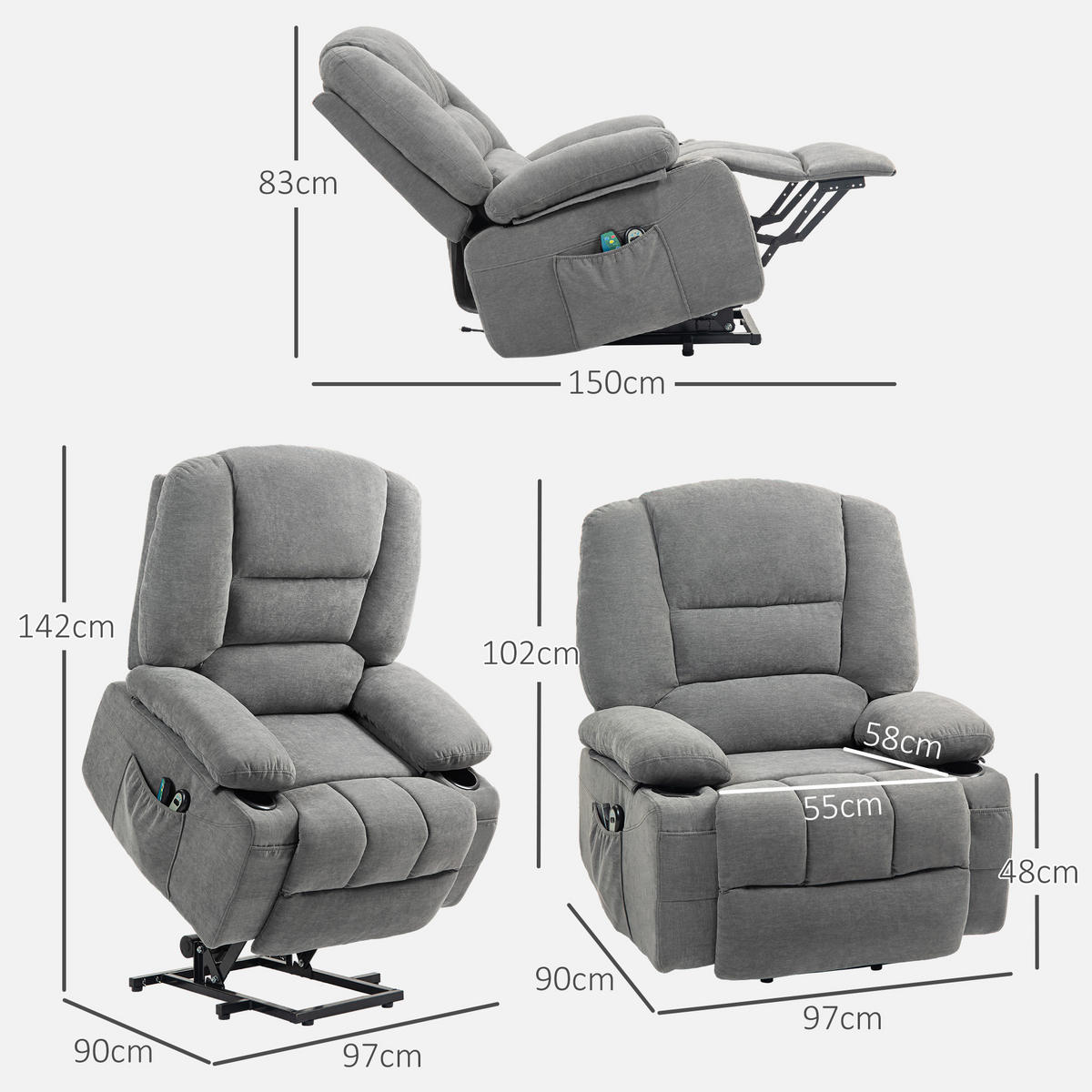 FERNSEHSESSEL mit Aufstehhilfe Elektrisch Relaxsessel mit Liegefunktion - Dunkelgrau, Textil (90/102/97cm) - HOMCOM