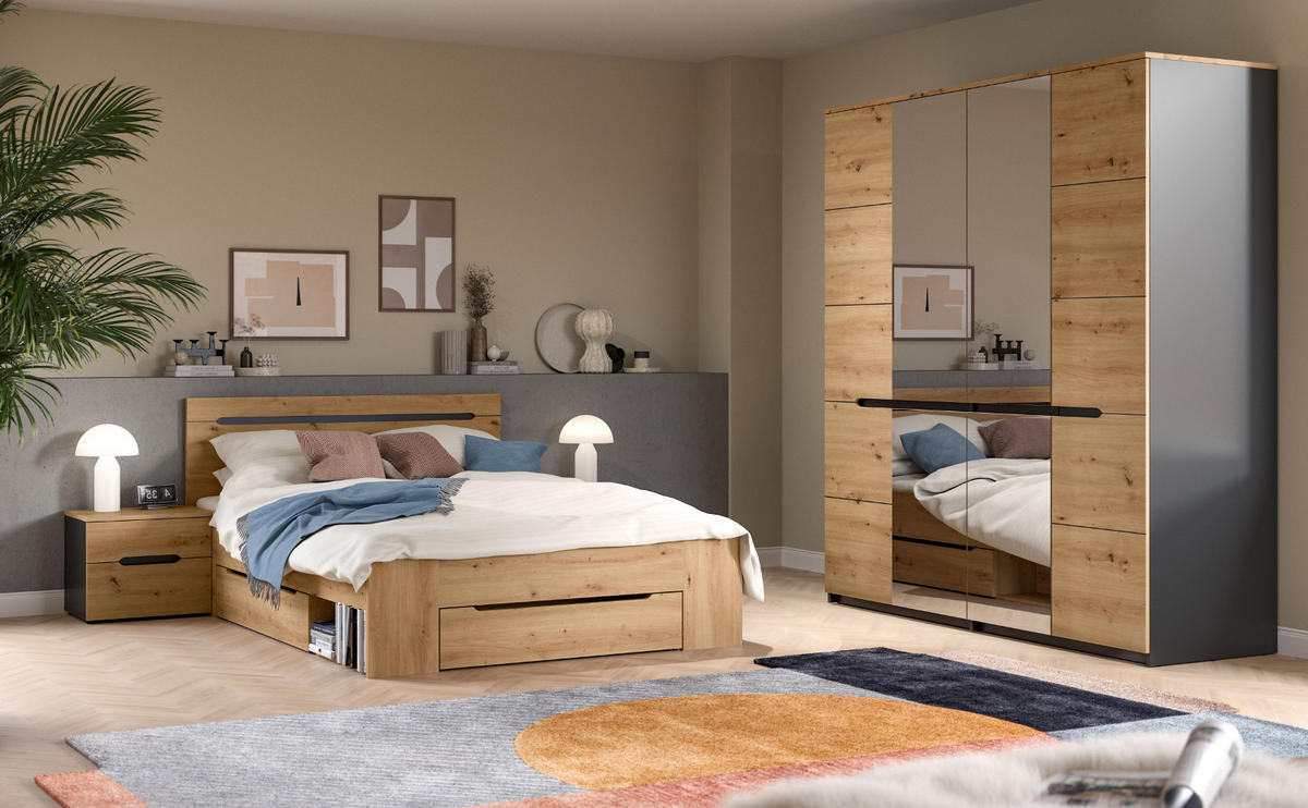 SCHLAFZIMMER Eiche Artisan, grau 4-teilig, Komplettset mit viel Stauraum - Eiche Artisan/Grau, Glas/Holzwerkstoff - Inn.Furn