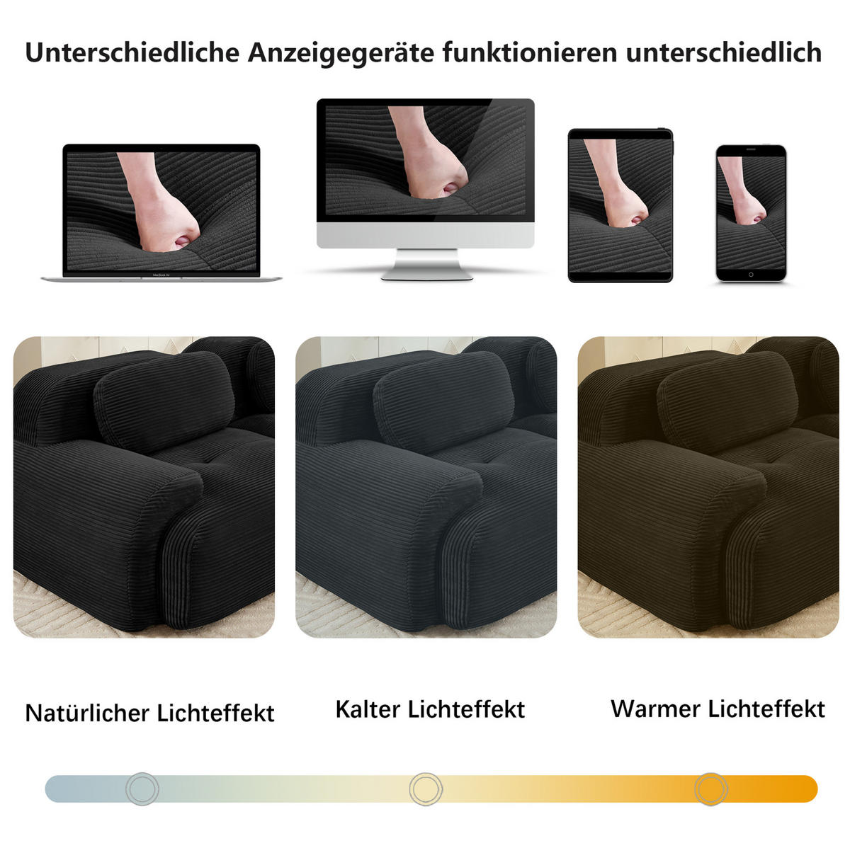SOFA in Schwarz aus Cord mit geschwungenen Armlehnen und rutschfester Unterseite - Schwarz, Textil (103/70/208cm) - Flora Grace