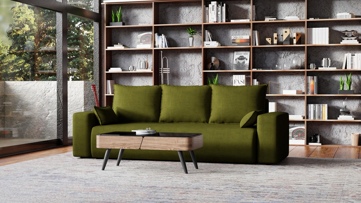 SOFA Bubi mit Bettkasten und Schlaffunktion, Velourstoff - Olivgrün, Holzwerkstoff (242/85/95cm)