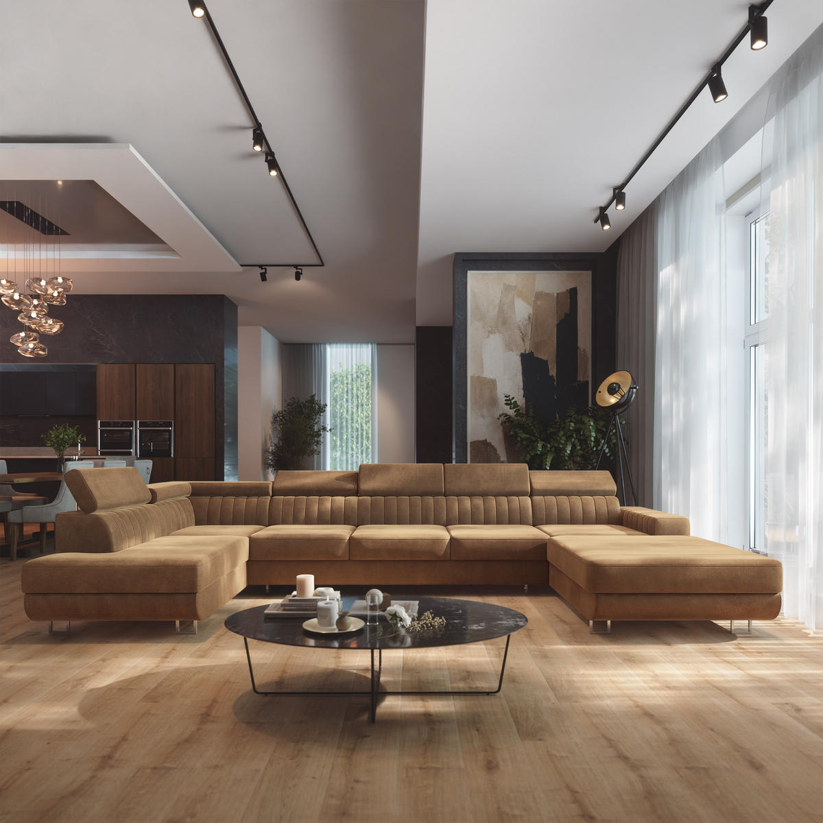 WOHNLANDSCHAFT GAIAN Beige Velours-Stoff mit Schlaffunktion - Beige, Holz (412/88/190cm) - MASSENO
