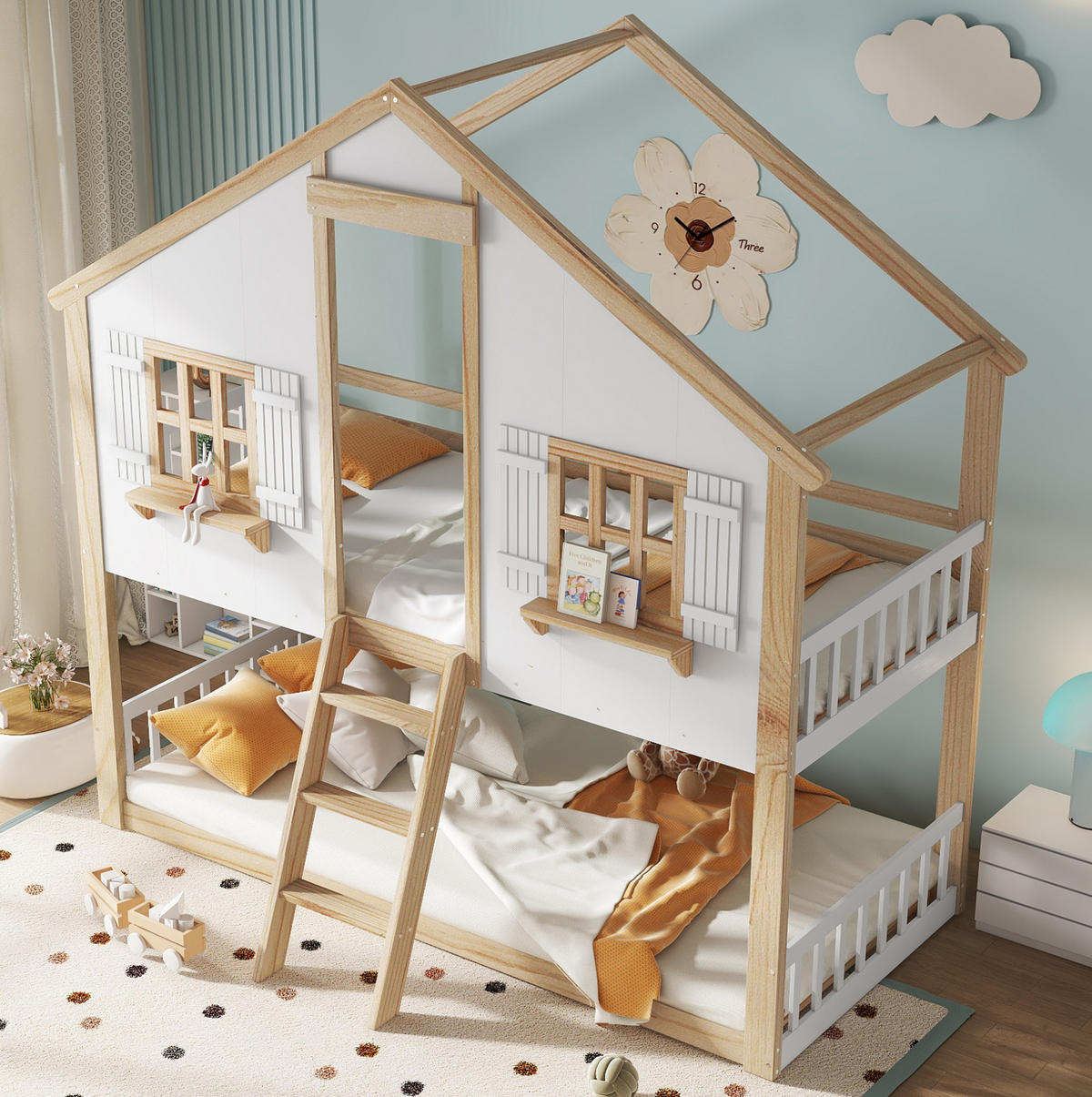 ETAGENBETT mit Dach und Schrägleiter 90x200 cm Weiß/Natur - Weiß, Holzwerkstoff (90/200cm) - Beauniv
