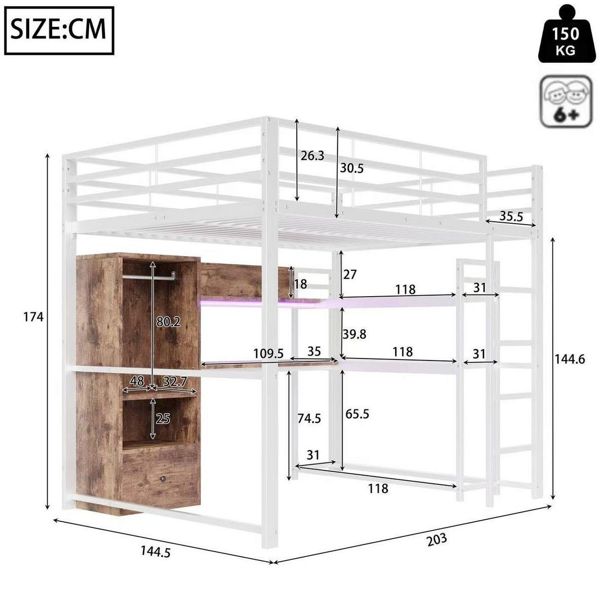 HOCHBETT 140/200 cm in Weiß mit Schreibtisch, Stauraum und LED-Beleuchtung - Weiß, Holzwerkstoff (140/200cm) - Flora Grace