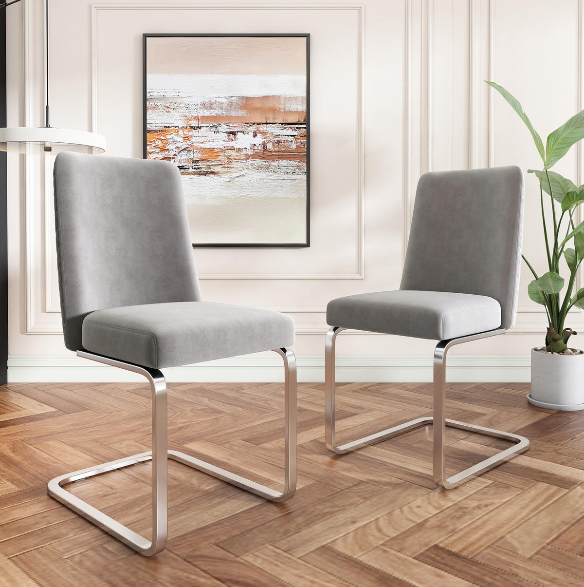 ESSZIMMERSTUHL 2er-Set Samt Grau mit Metallbeinen Silber - Grau, Metall (45/88/52cm) - Meubliv