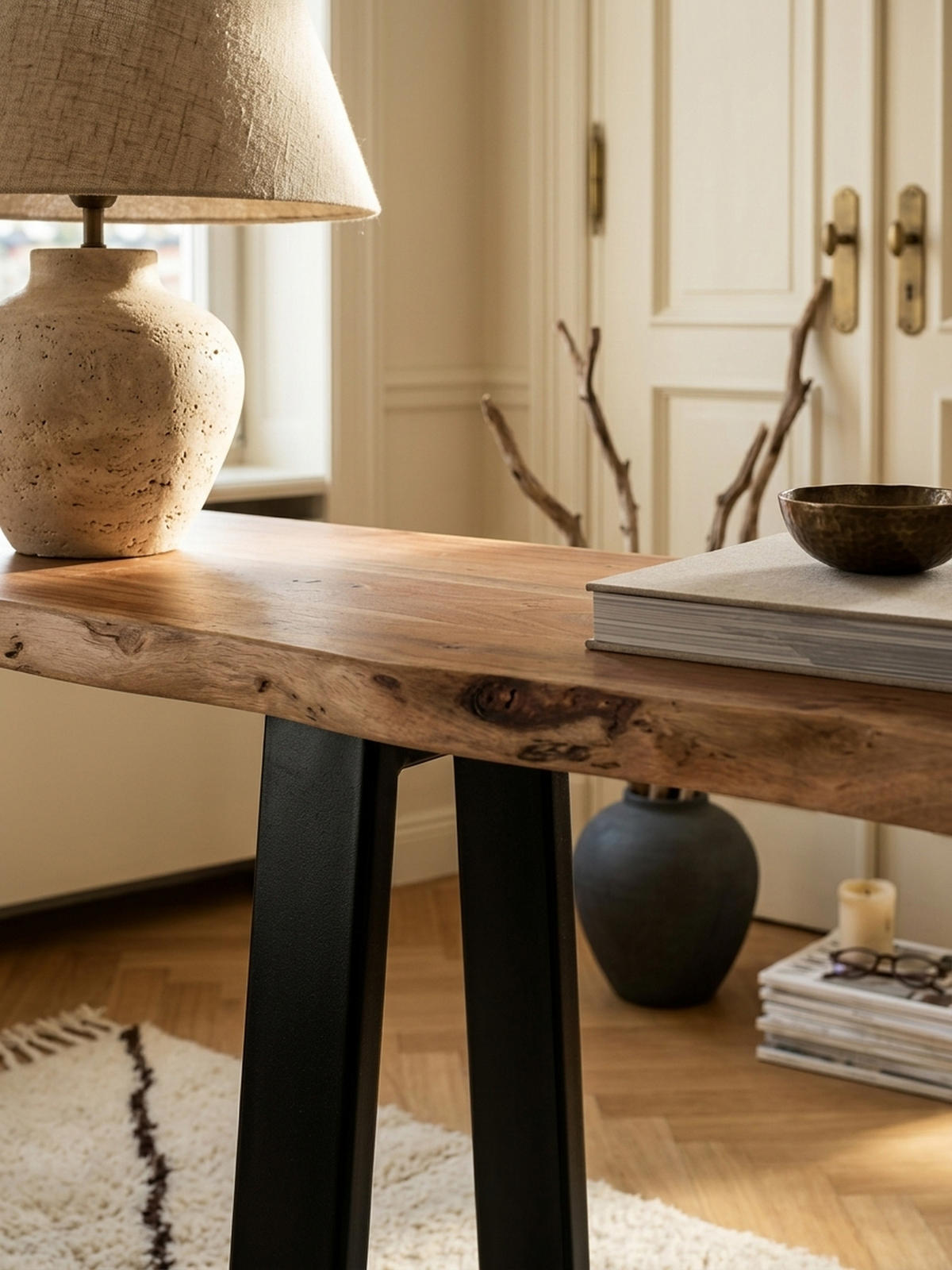 KONSOLENTISCH – Akazienholz, Landhausstil, robuste Metallfüße - Beige/Schwarz, Holz/Metall (45/120/75cm) - KADIMA DESIGN