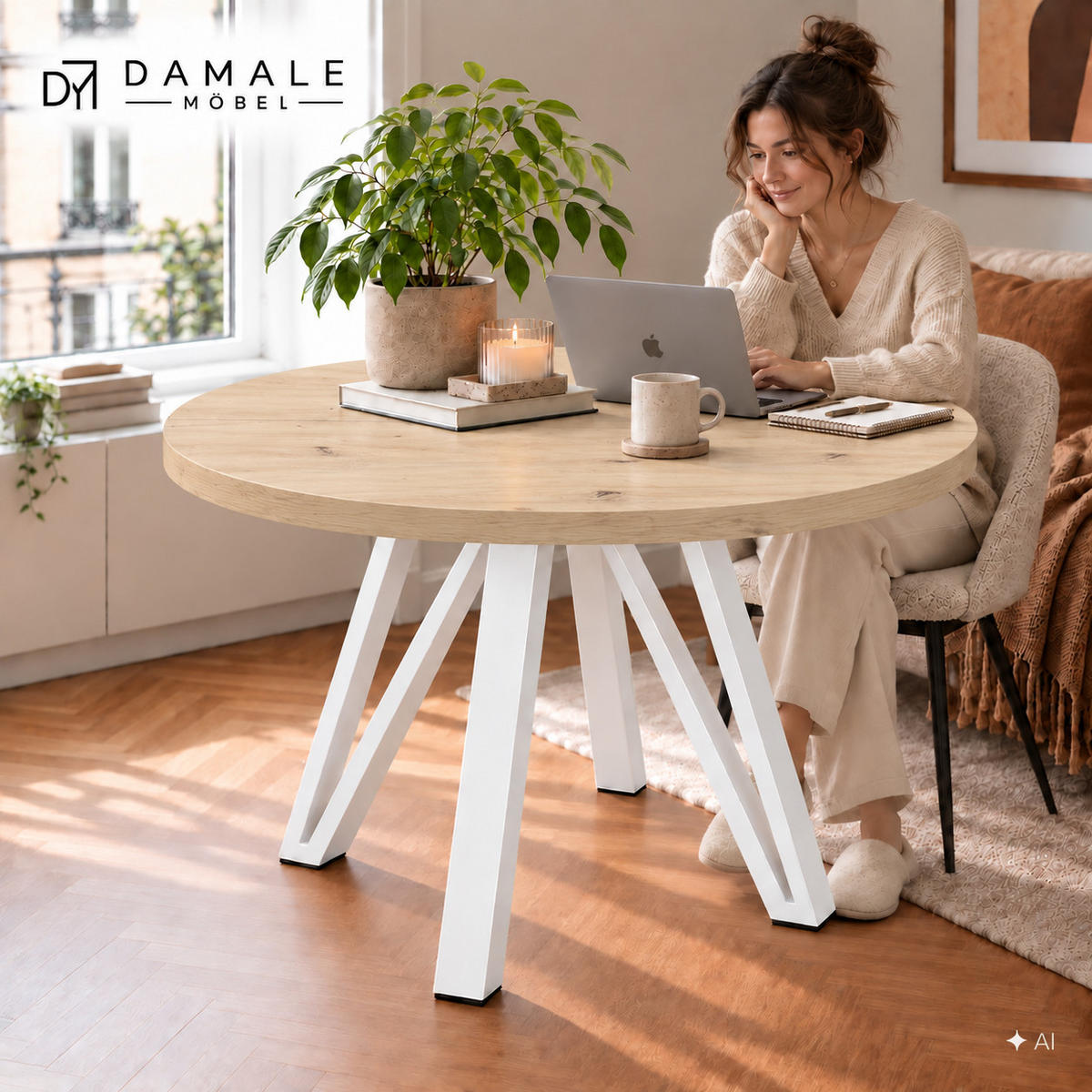 ESSTISCH rund ausziehbar 100/300/76 cm, Eiche Artisan, 54 cm Tischplatte + Industrial Metallgestell Weiß - Weiß/Eiche Artisan, Holzwerkstoff/Metall (100/300/76cm) - Damale Möbel
