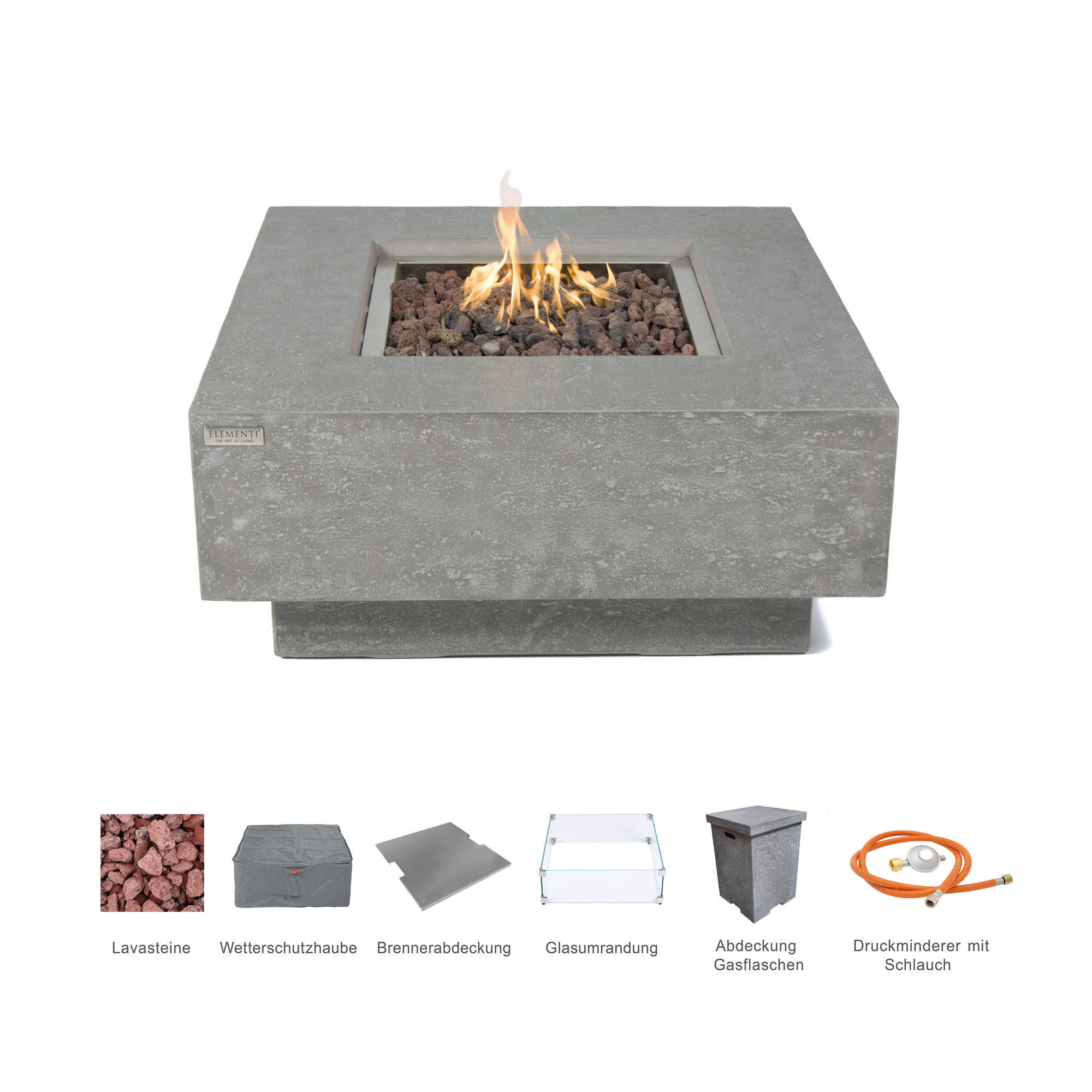 FEUERTISCH Manhattan Gasfeuerstelle aus GF-Beton - 4-tlg. Set inkl. Glasumrandung, Brennerabdeckung und Gasflaschen-Abdeckung - Hellgrau, Naturmaterialien (91/40/91cm) - Elementi