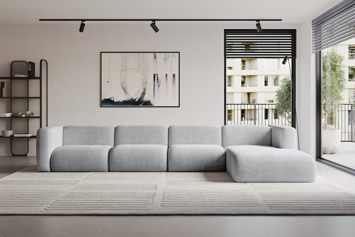 ECKSOFA Ottomane Rechts MIRA-L3 409x179x70 Grau Cord - Blaugrau/Schwarz, Holzwerkstoff/Kunststoff (409/179cm) - ALTDECOR