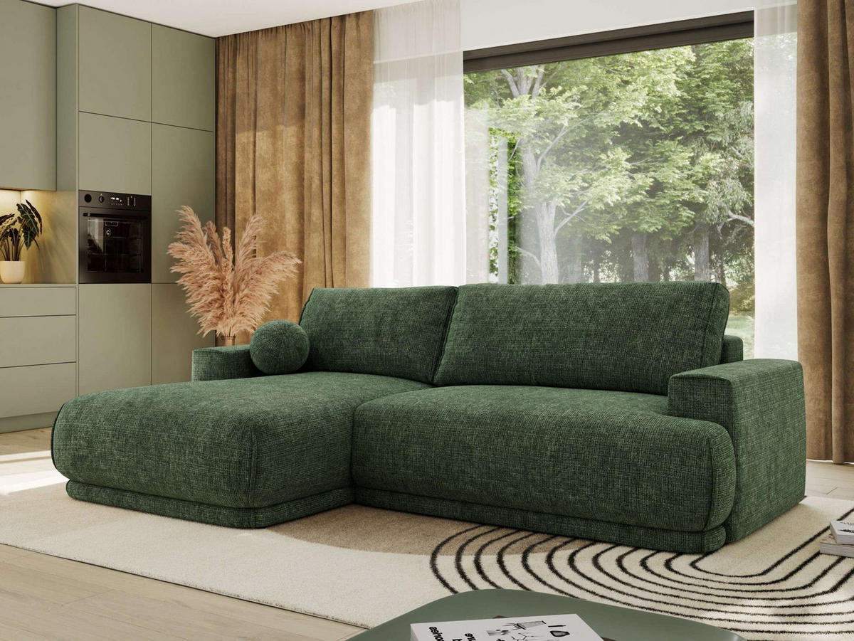 ECKSCHLAFSOFA RINA L Dunkelgrün Schenille grob gewebt - links - Dunkelgrün/Schwarz, Kunststoff/Textil (267/170cm) - MKS