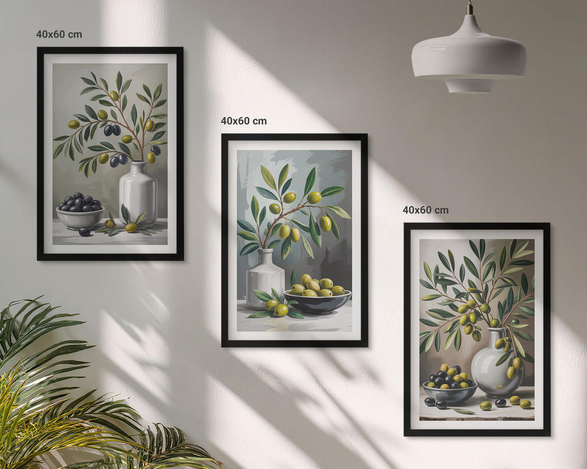 WANDBILDER 3er-Set - 40x60 cm Schwarzer Rahmen - Keramik olivgrau - Schwarz, Kunststoff (40/60cm) - ArtPrintCave