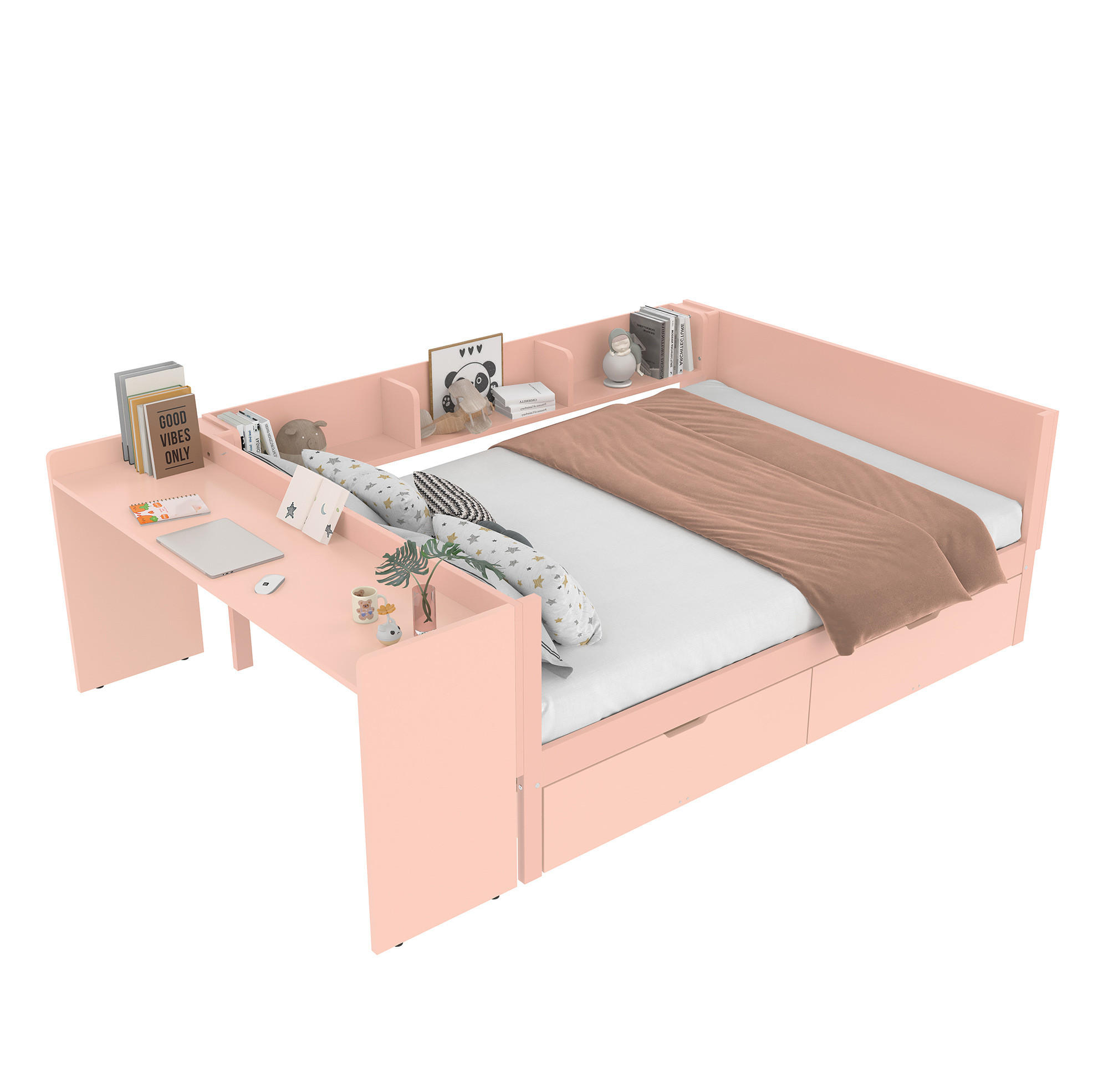 BETT 140/200 cm mit Schreibtisch, 2 Schubladen und 3 Regalen aus Kiefern und Spanplatte, Weiß/Rosa - Rosa, Holzwerkstoff (140/200cm) - Redom