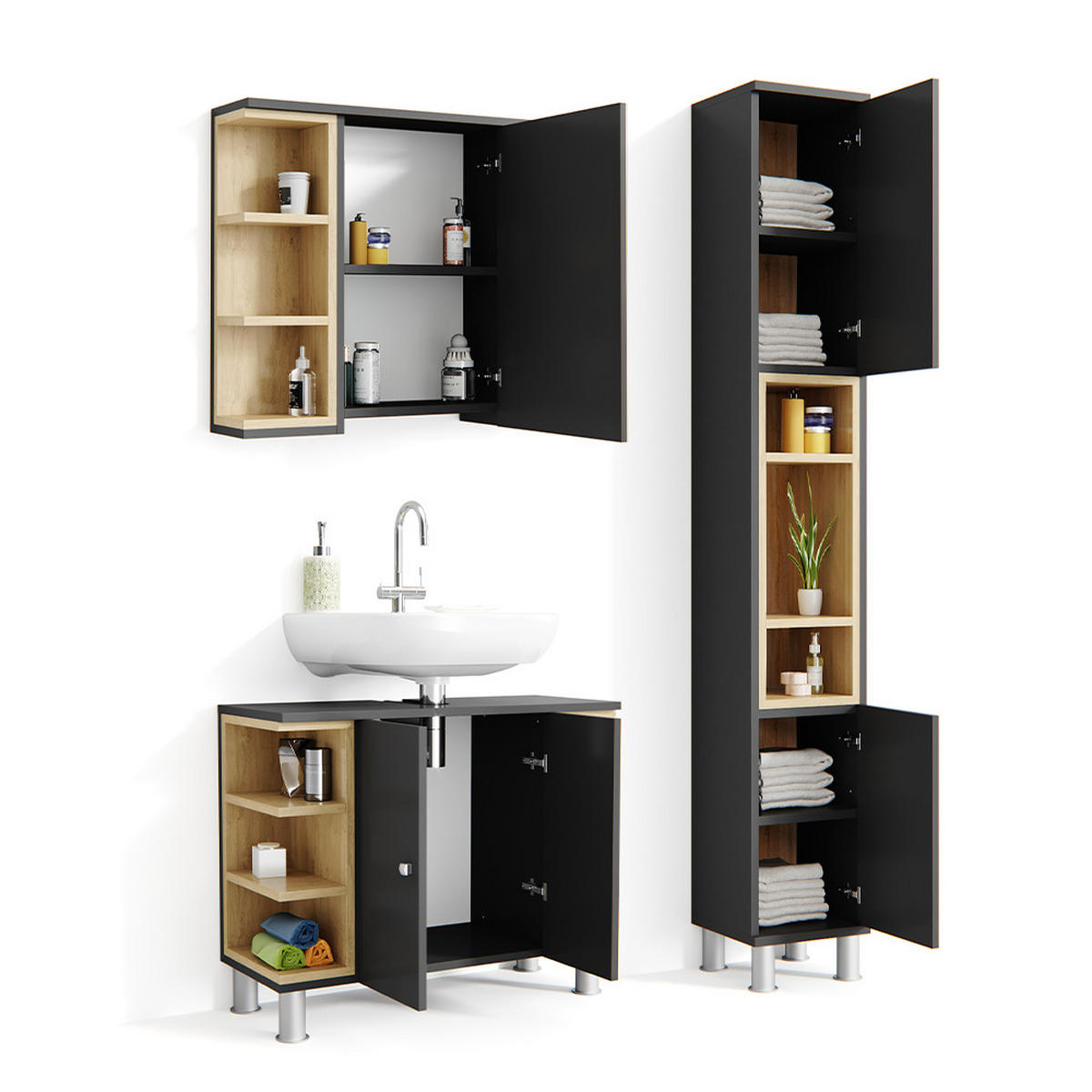 BADMÖBEL-SET Aquis Anthrazit 3 Teile, mit Hochschrank - Anthrazit/Sonoma Eiche, Holzwerkstoff (79.6/64/32cm) - Vicco