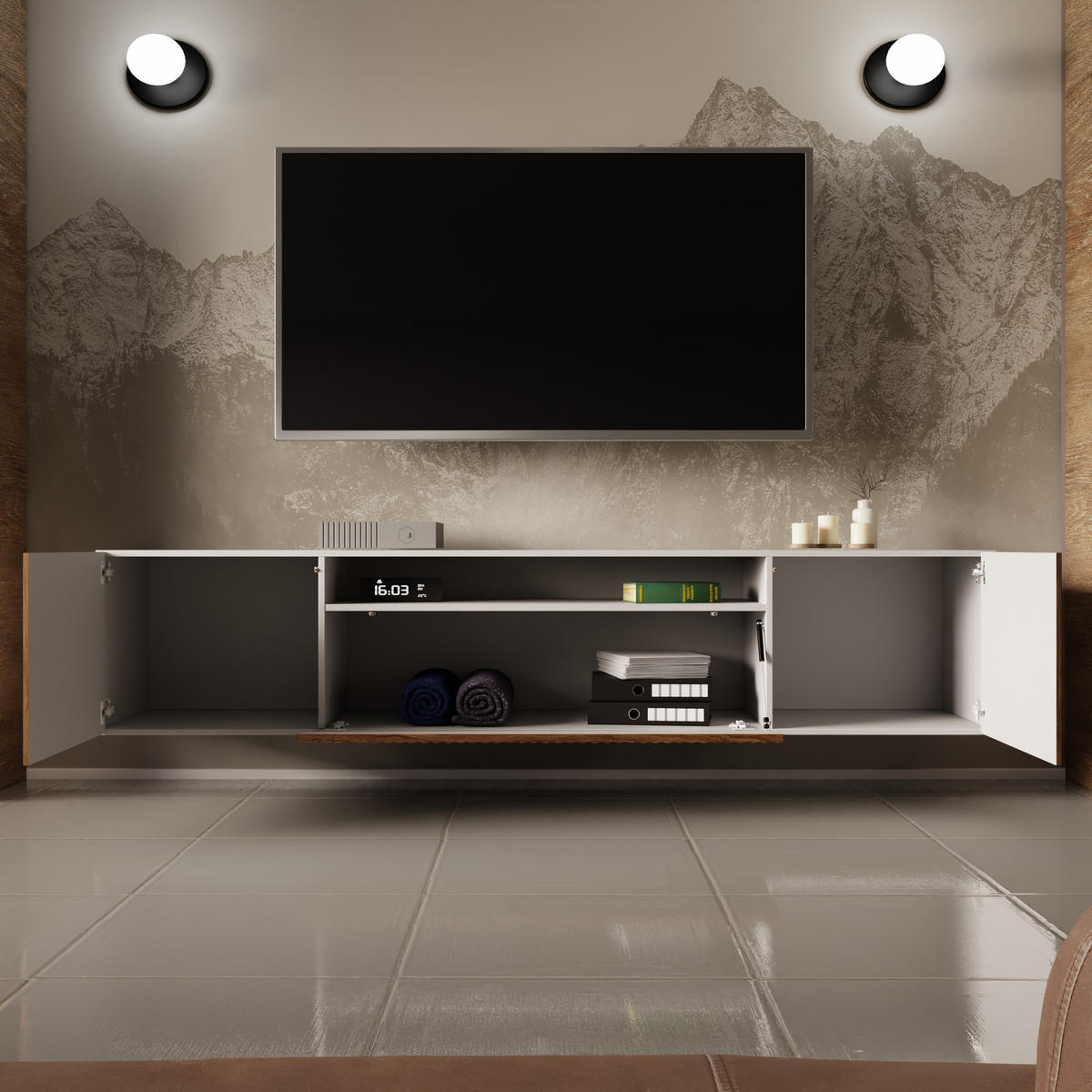 LOWBOARD VAREN 200/41/40 cm, Hängender TV-Schrank Weiß / Eichefarben - Eichefarben/Braun, Holzwerkstoff (200/41/40cm) - MASSENO