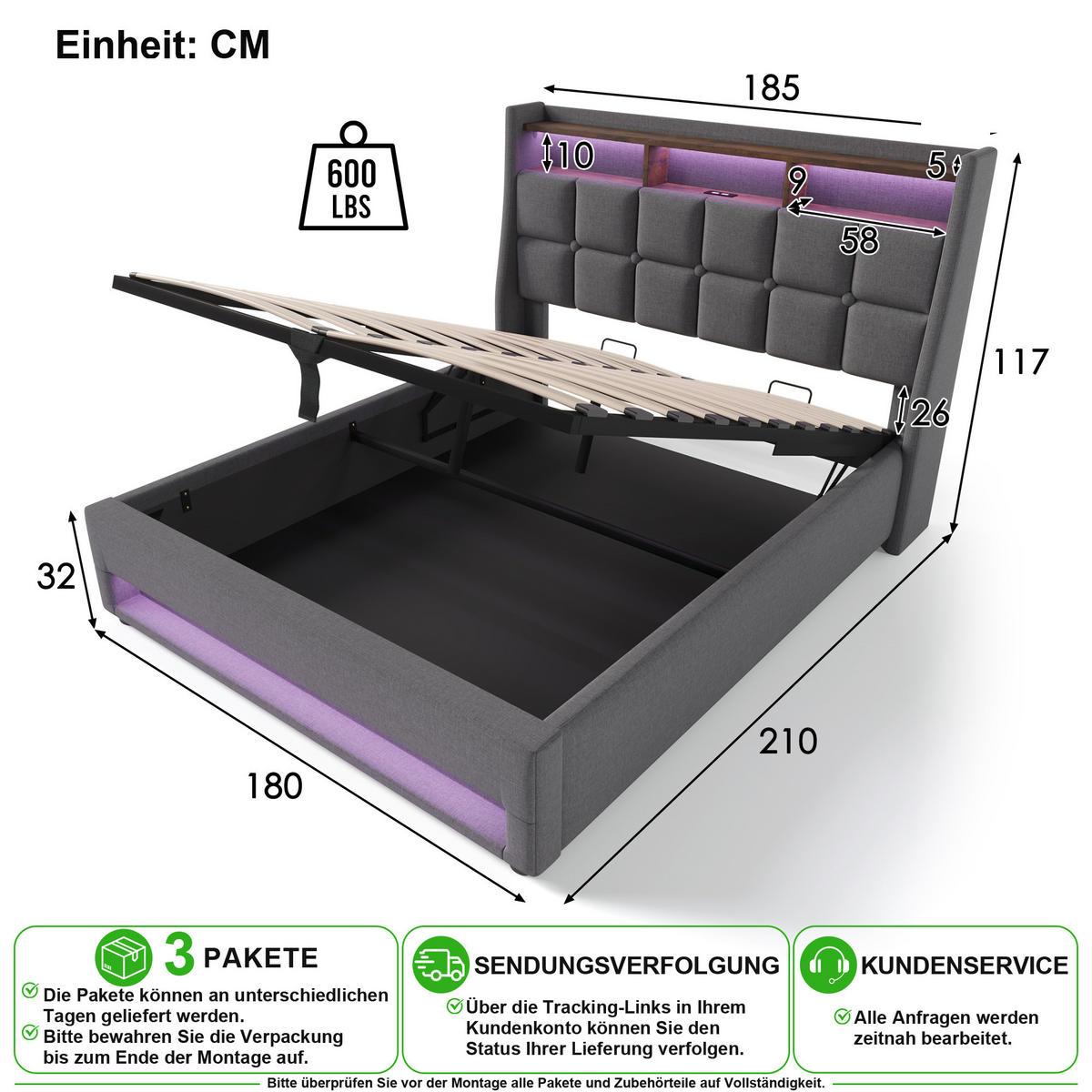 POLSTERBETT 180/200 cm in Grau Leinen mit Bettkasten, LED und USB - Grau, Holzwerkstoff/Textil (180/200cm) - CHICFURN