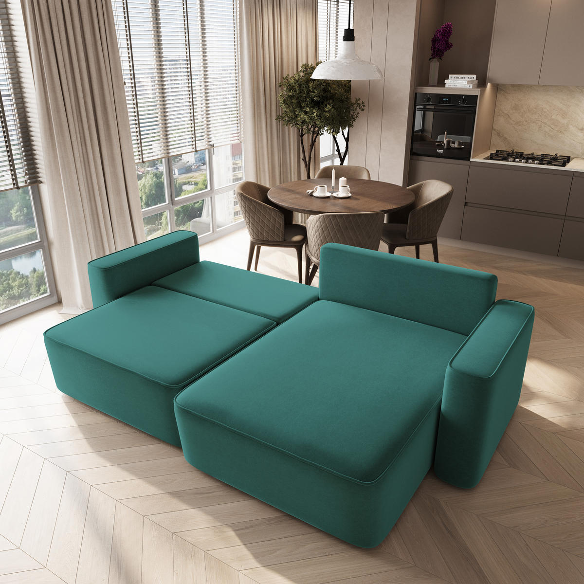 ECKSOFA BELISE CL Blau Veloursstoff mit Schlaffunktion - Türkis, Holz/Textil (252/162cm) - MASSENO