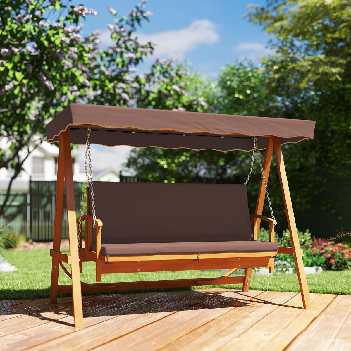 HOLLYWOODSCHAUKEL DE-07043 3-Sitzer, Echtholz, mit Liegefunktion Braun - Braun, Holz (236/181/130cm) - ComfortXL