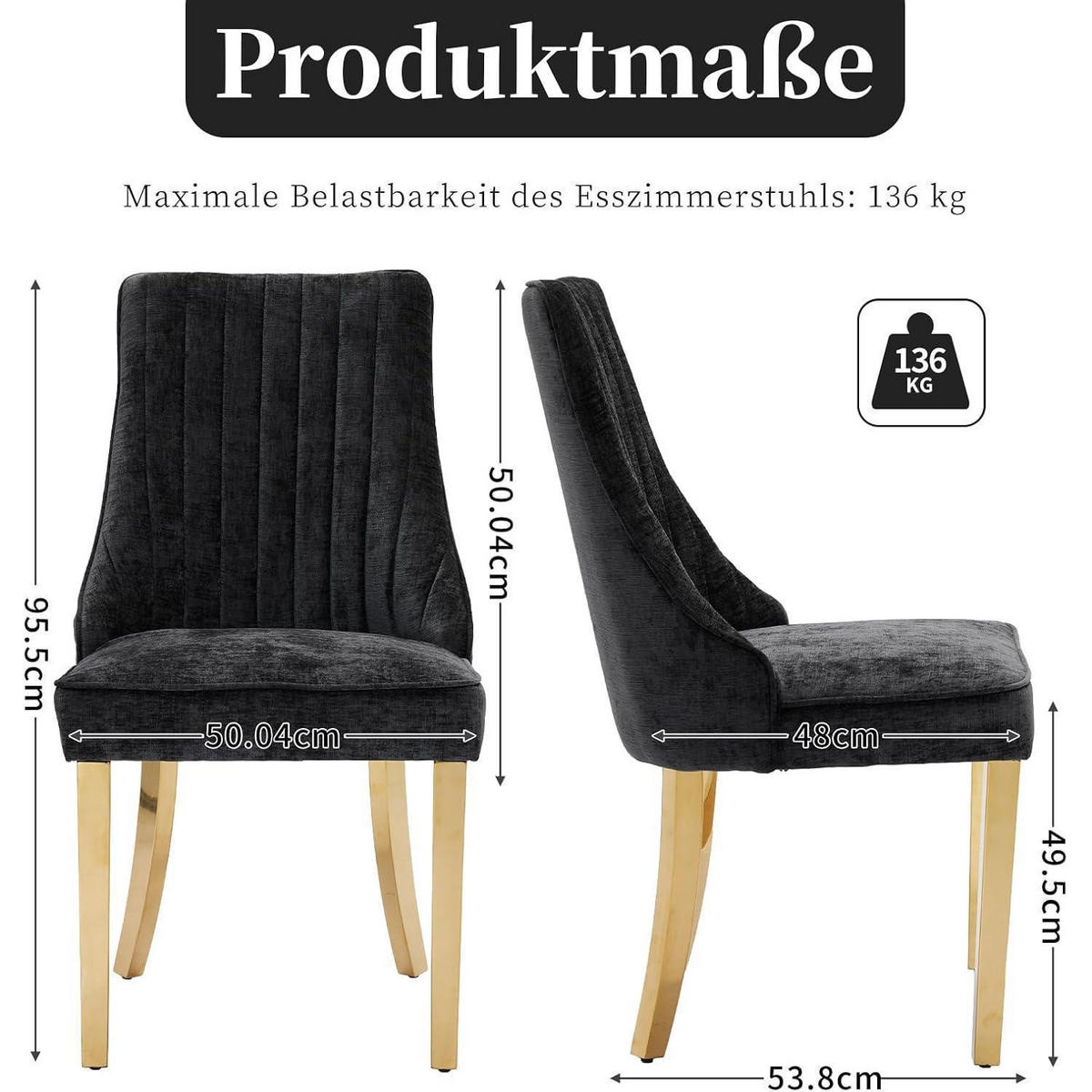 ESSZIMMERSTÜHLE 6er-Set Stoff Schwarz mit goldfarbenen Edelstahlbeinen - Schwarz, Textil (50/95.5/53.8cm)